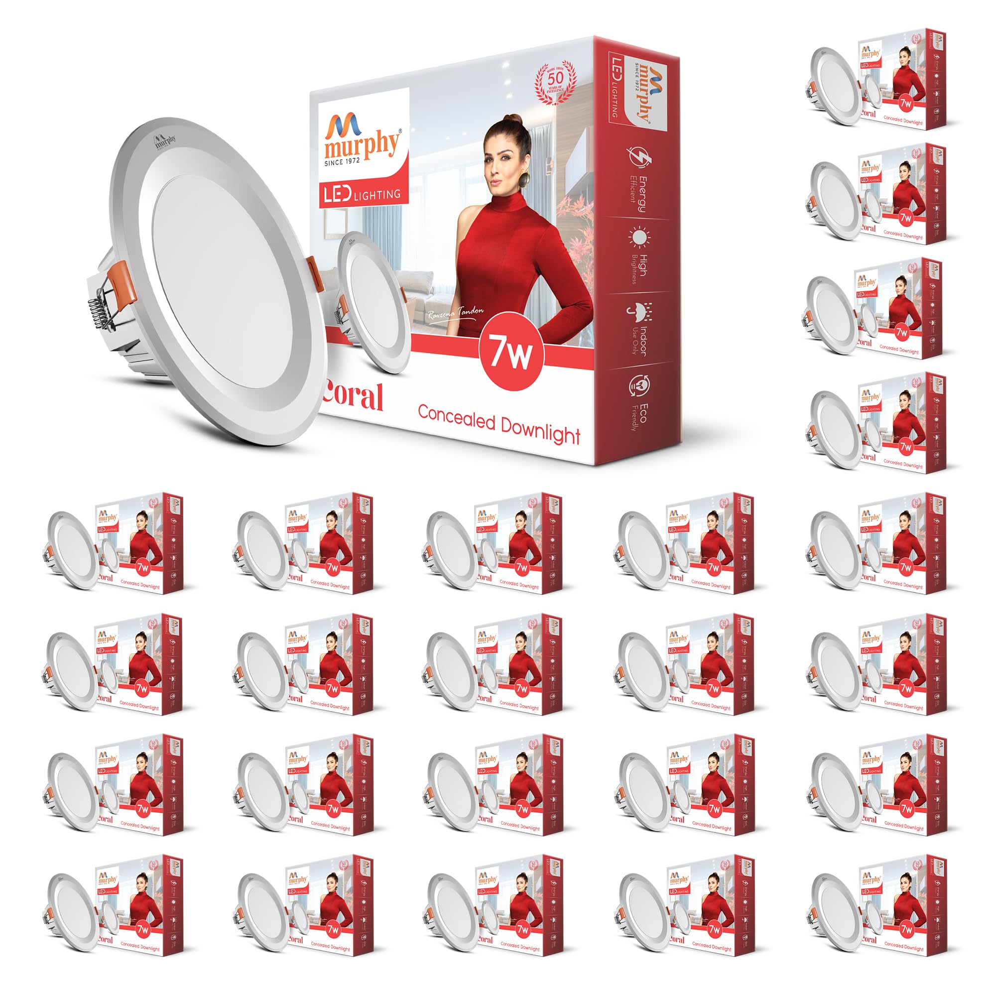 Murphy Polycarbonate Body 7W Coral LED Cool White Round Panel Conceal Down Light | Pack of 25 | Long-Lasting & Flicker-Free LED Light | Suited for 3 Inch Junction Box