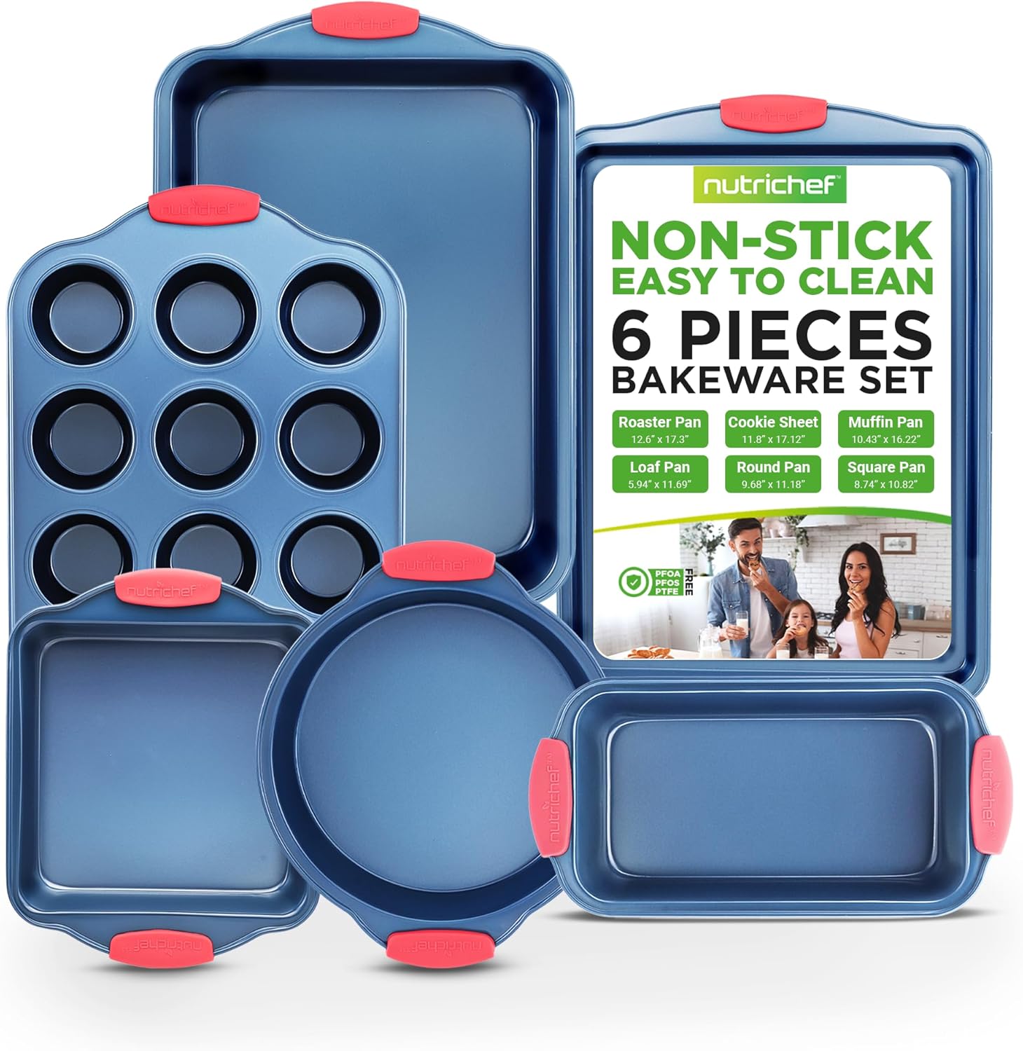 NutriChef 6-Piece Bakeware Set – Nonstick Carbon Steel Baking Pans with Red Silicone Handles, Blue Coating, Durable & Stain-Resistant, Perfect for Baking Cakes, Muffins, Cookies (Blue)