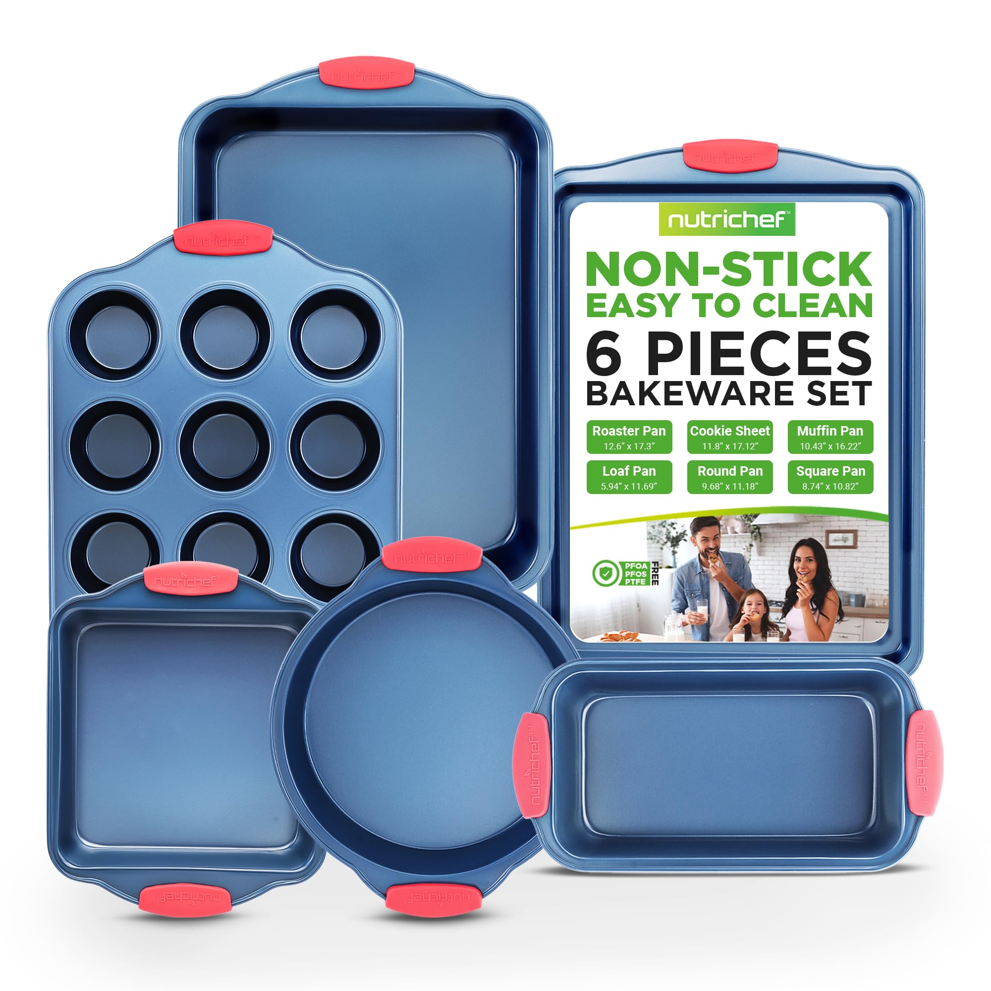 NutriChef Set di 6 teglie da forno antiaderenti in acciaio al carbonio con manici in silicone rosso, rivestimento blu, durevoli e resistenti alle macchie, perfette per cuocere torte, muffin, biscotti