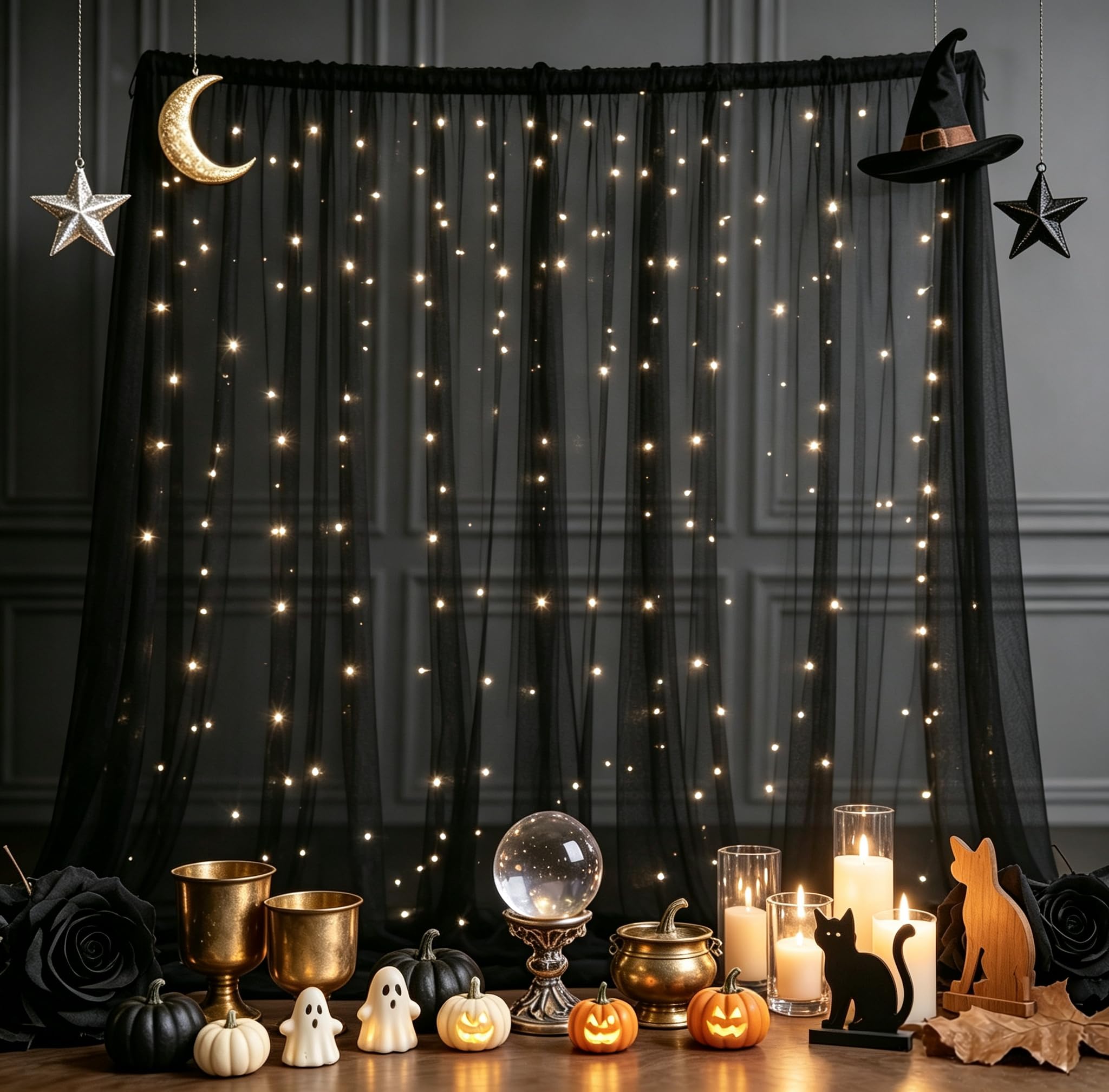 View 1 of 10x10ft Black Backdrop Curtain with Lights Sheer Tulle Curtains