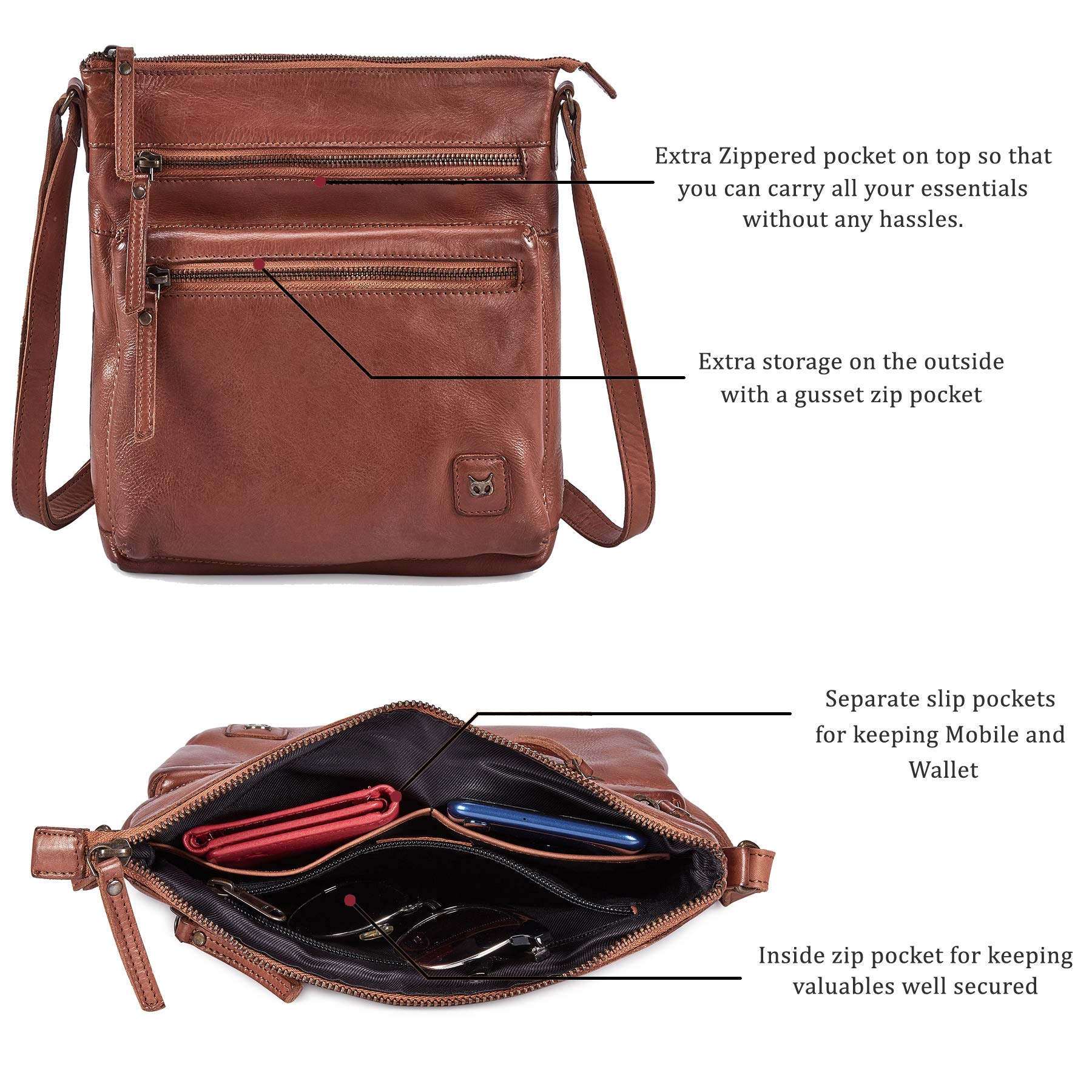 Wise Owl Accessories Small Crossbody Bags for Women Real Leather Purse & Handbags Crossover Over the Shoulder Pocketbook Handmade Gift (Cognac Washed Vintage)