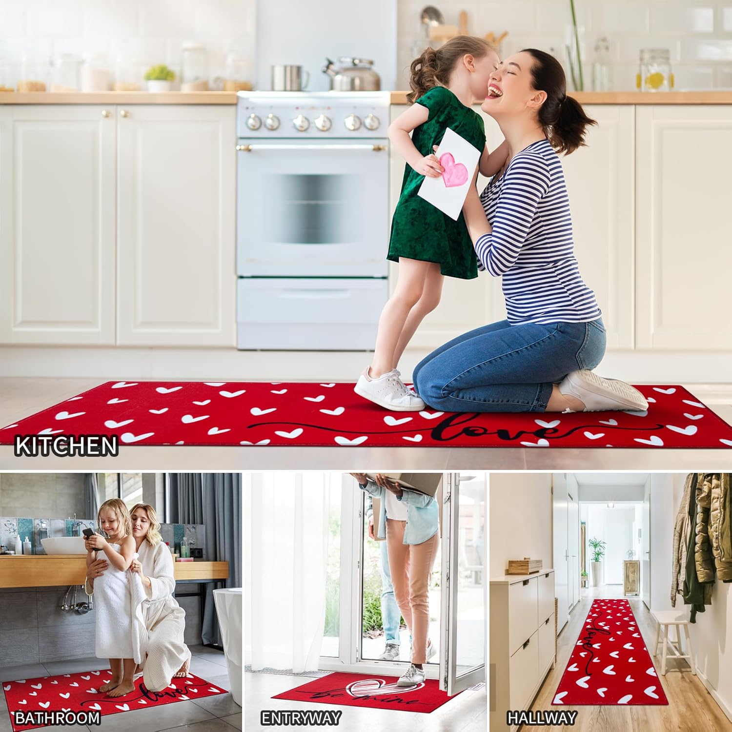 Kitchen Rugs Sets of 3 Non Slip Washable Kitchen Runner Rug Set for Valentine's Day Home Kitchen Decoration Mats Set Red Heart
