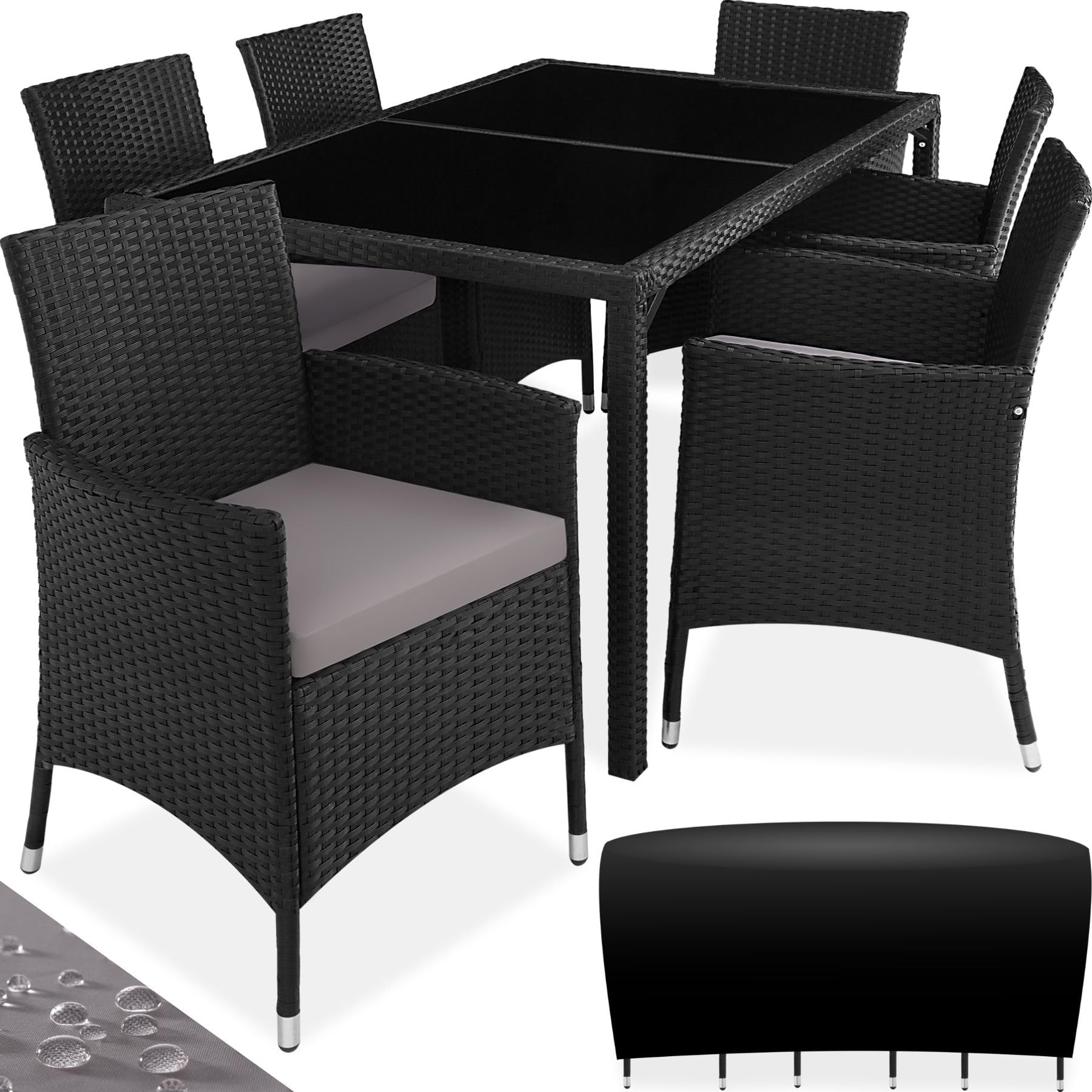 TecTake® Conjunto Jardín Exterior de Ratán y Aluminio, Muebles Jardín Exterior Resistentes a Intemperie, para hasta 6 Personas, con Tornillos de Acero INOX. y Funda Protectora - Negro/Gris