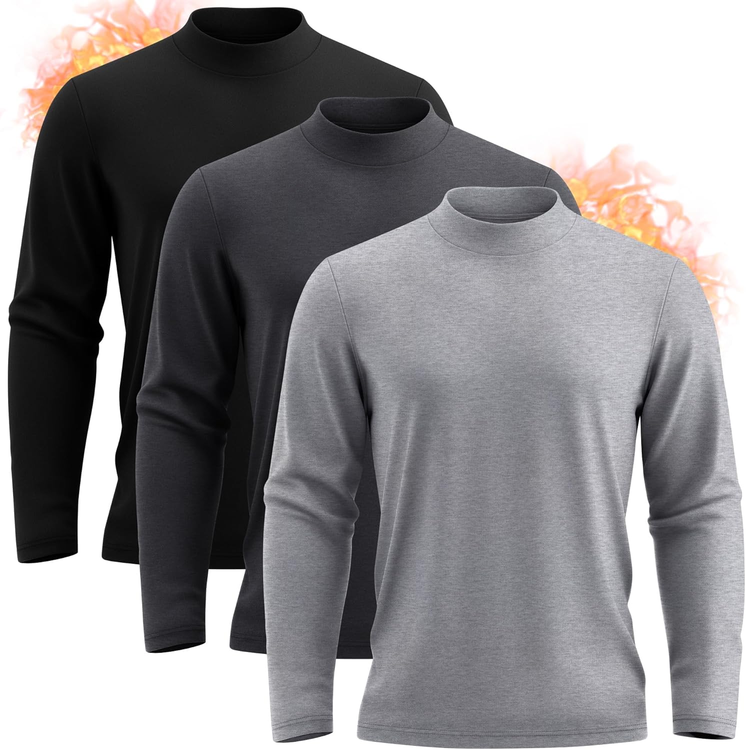 Neer 3 Pack Mens Big and Tall Shirts Long Sleeve Mock Neck Thermal T-Shirt Thick Basic Pullover Tops Casual Sweatshirt