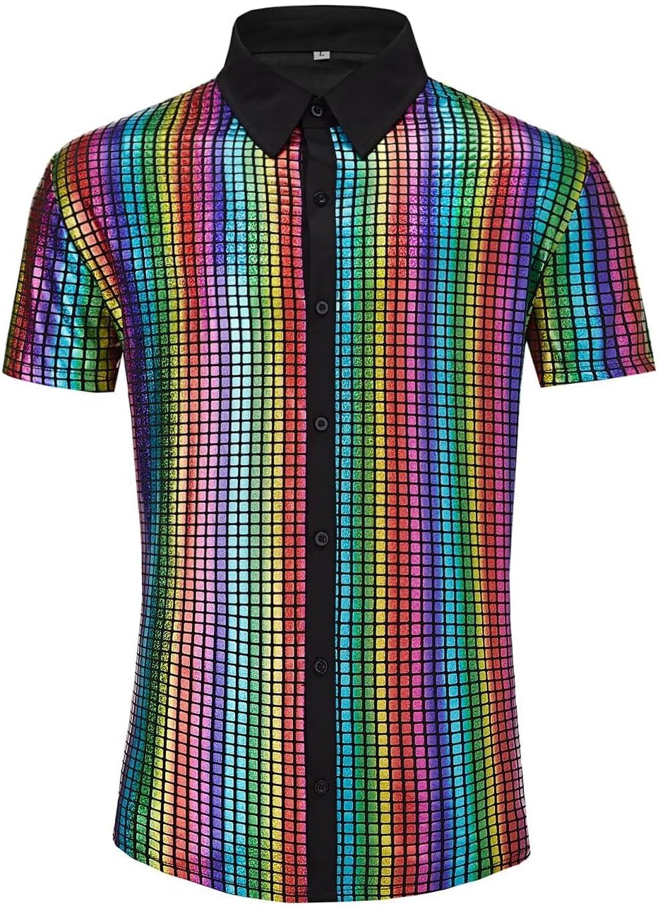 COSLILLI Men's 70s Disco Outfits Shirt Sequin Short Sleeve Top Prom Costume Halloween Party
