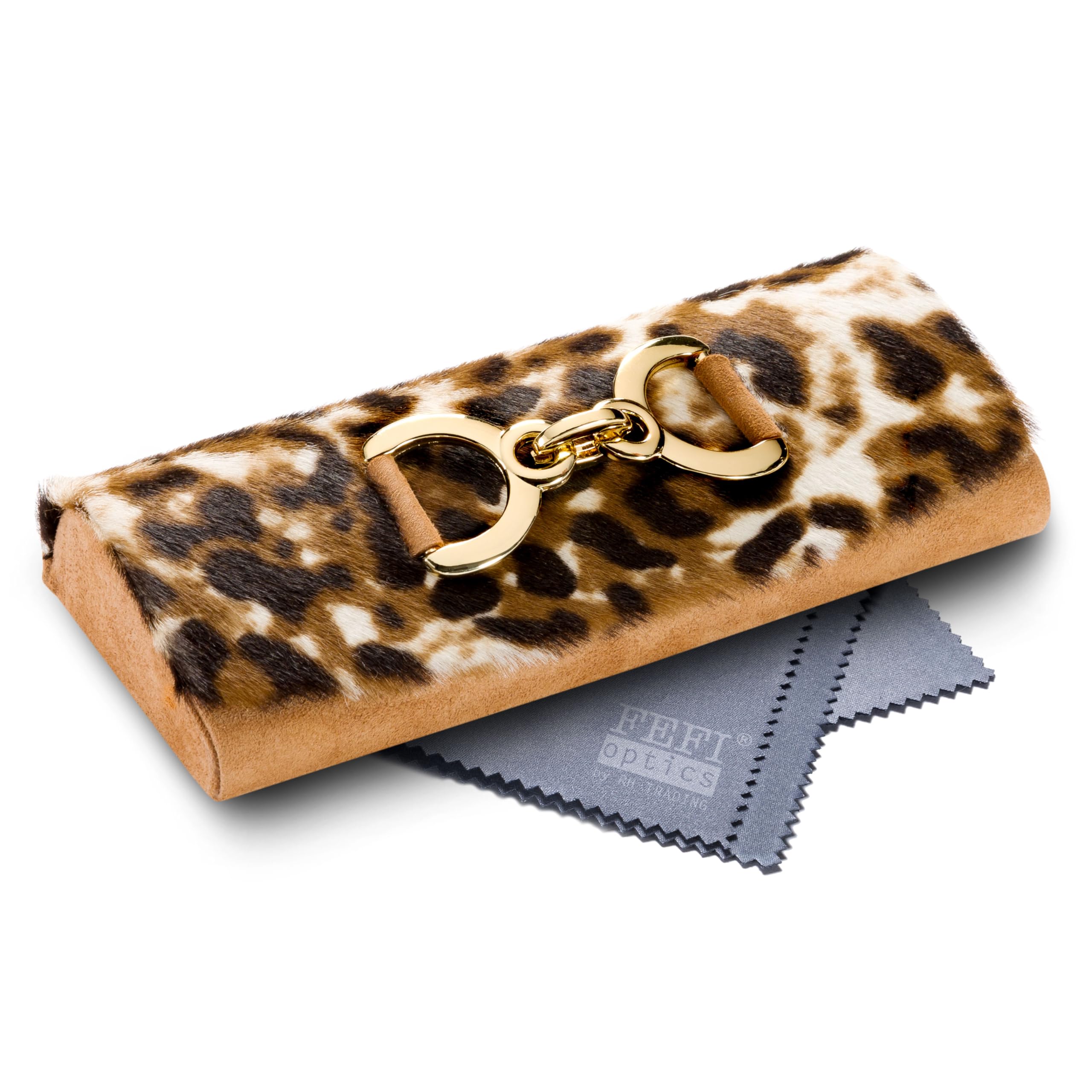 FEFI Premium Brillenetui Hardcase aus Echt-Leder & Wildleder – Handmade mit Fellbesatz & goldfarbener Applikation – Elegantes Lederetui inkl. Mikrofasertuch
