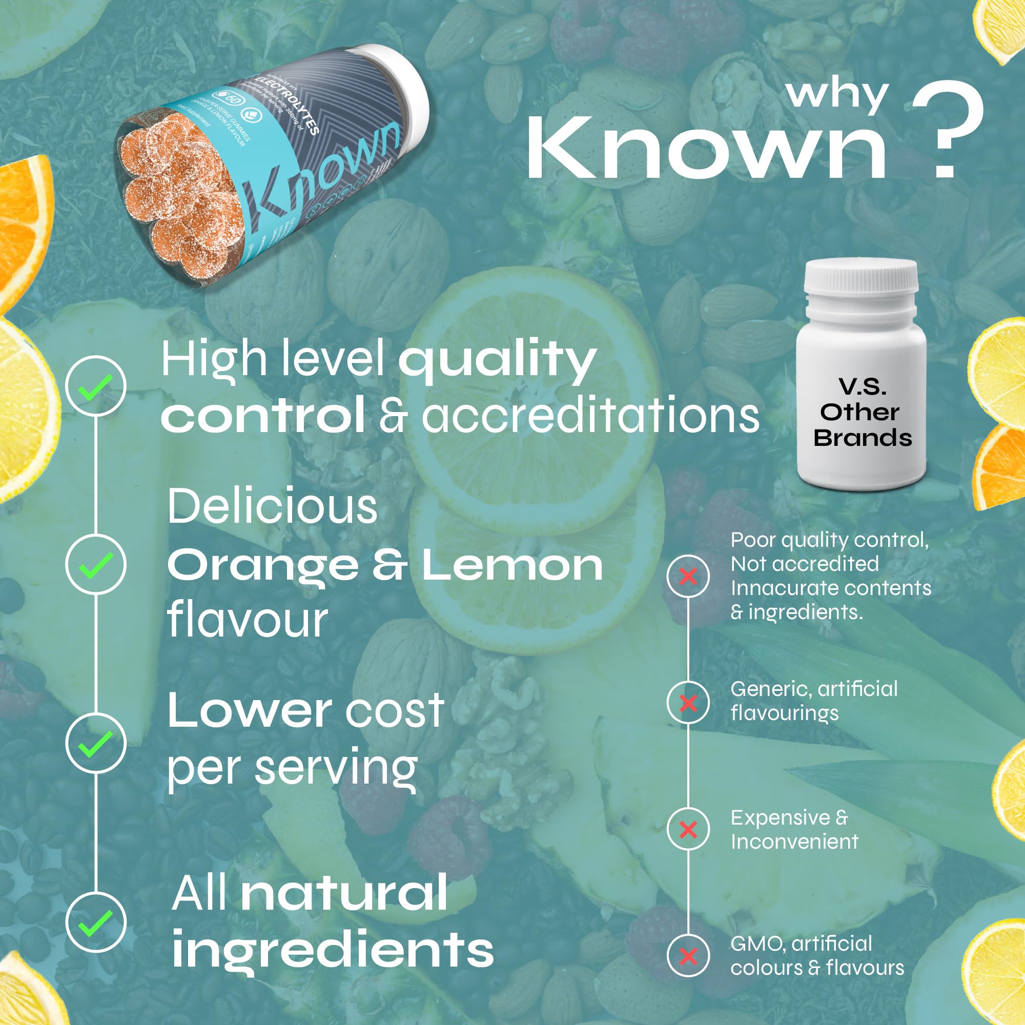 Known Électrolyte Gummies – Saveur Orange & Citron – Complément Gommes Végan avec Calcium, Magnésium, Potassium, Sodium & Chlorure – Hydratation & Récupération – 15 Portions – Pour Hommes & Femmes