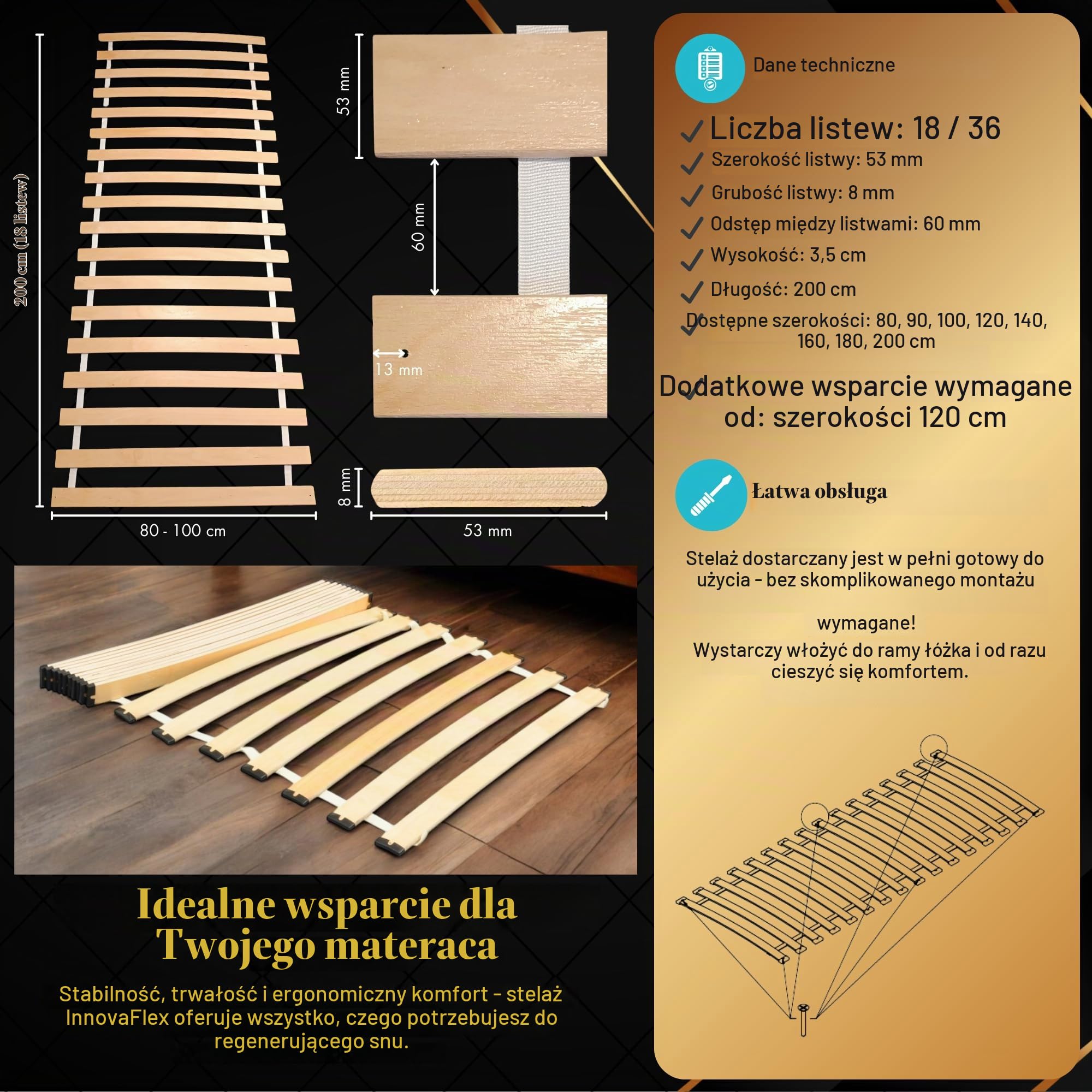 INNOVAHOME Stelaż Rolowany Elastyczny 160x200cm 36 Listew Brzozowy