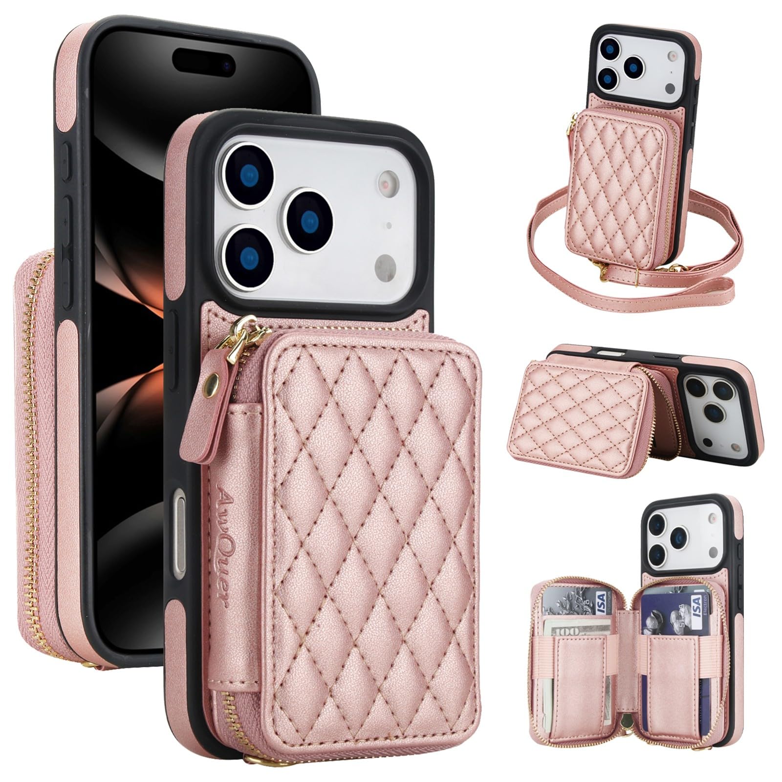 Étui iPhone 12 portefeuille cuir rose or avec coque à cordon - 8