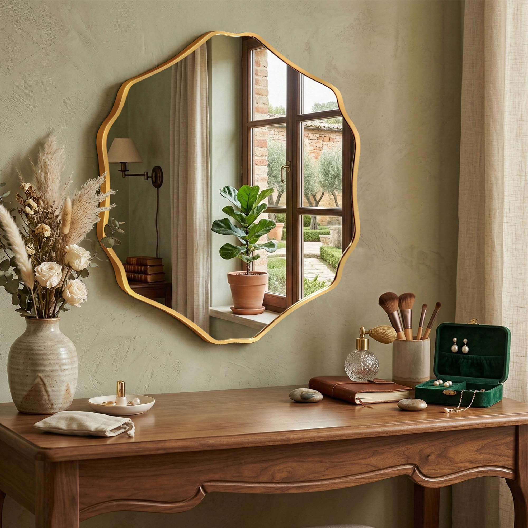 Miroir Mural Hexagonal Organique avec Cadre en Aluminium Brossé & Verre de Sécurité Trempé pour Salle de Bain, Entrée & Salon