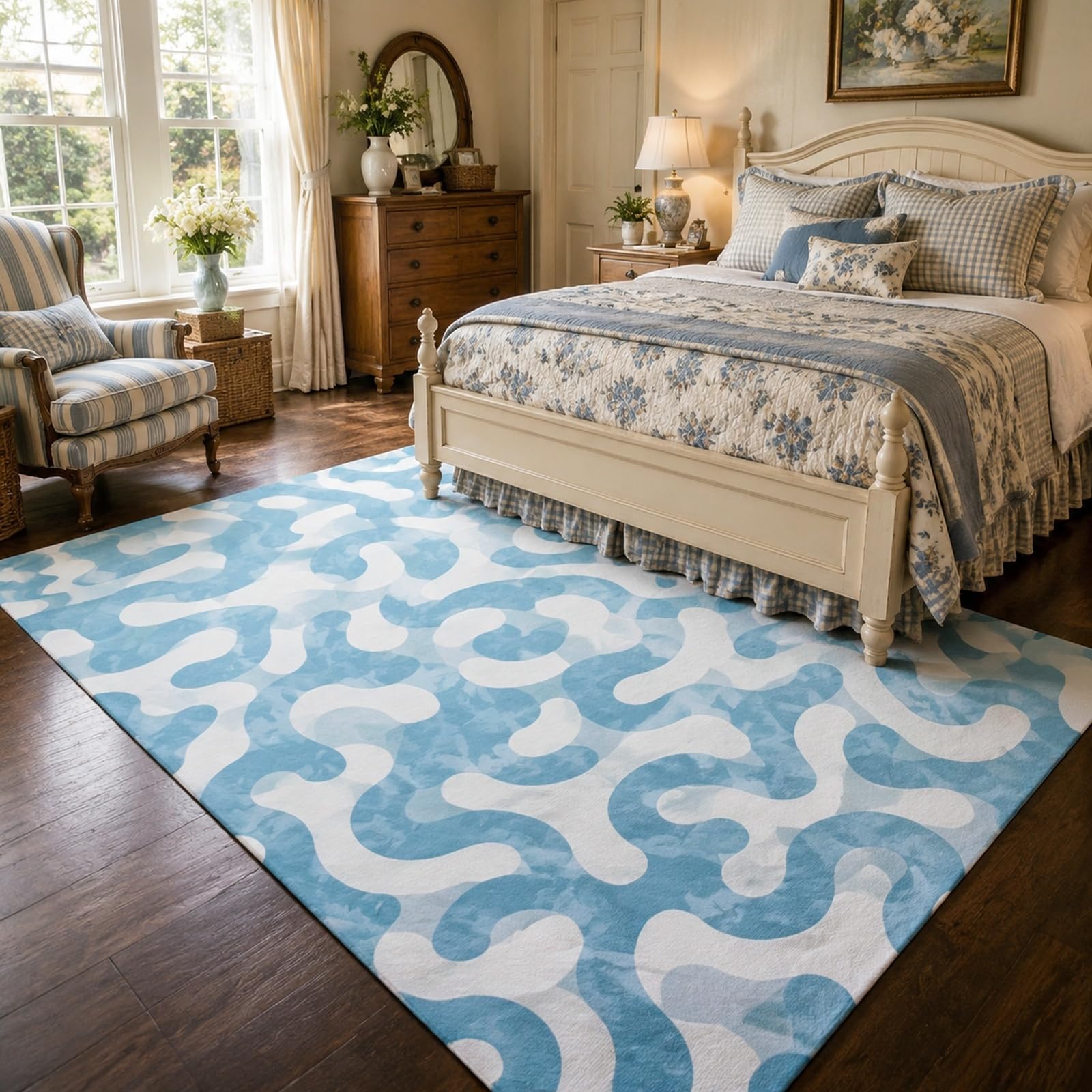 Tappeto Grande Salotto, 200 x 290 cm, Astratto Blu Bianco, Tappeti Decorazioni interni Grande Soggiorno, Lavabile,Personalizzato,