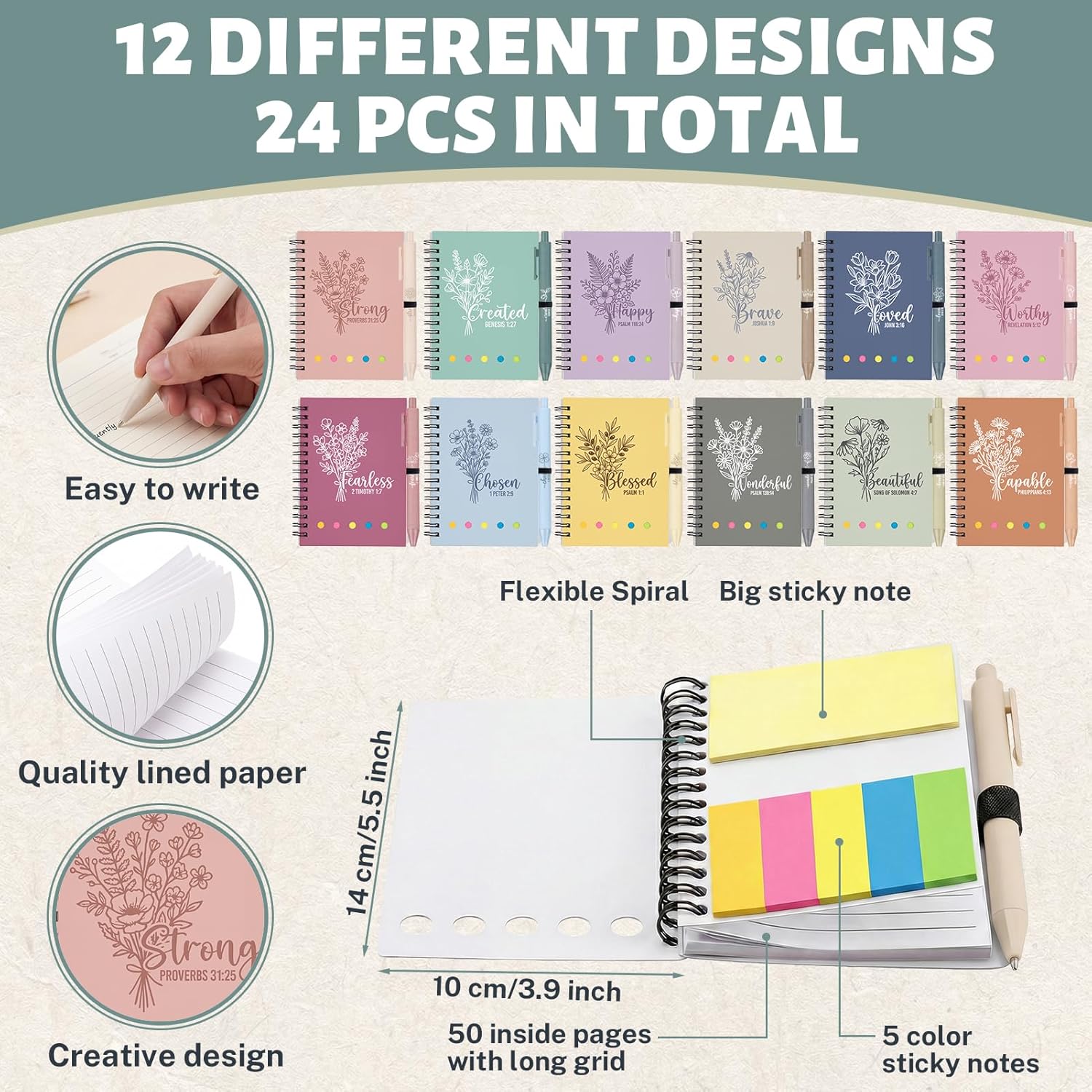 48 Pcs Christian Gifts for Teen Girls & Women, 24 Sets Pastel Bible Verse Notebooks with Floral Pens & Sticky Notes, Cute Scripture Journals for Sunday School, Baptism, Youth Group (5.5 x 4.7 Inch)