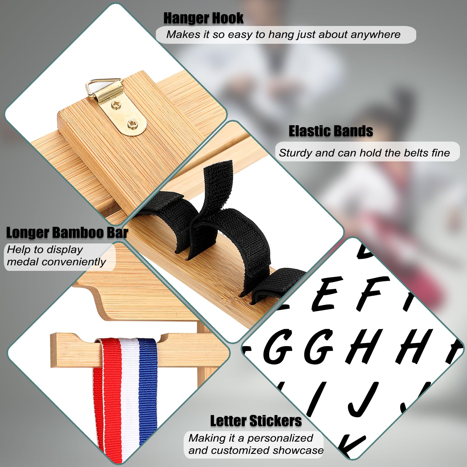 JUXYES Organizador de cinturones de artes marciales para pared 8-12 cinturones, soporte de bambú para karate