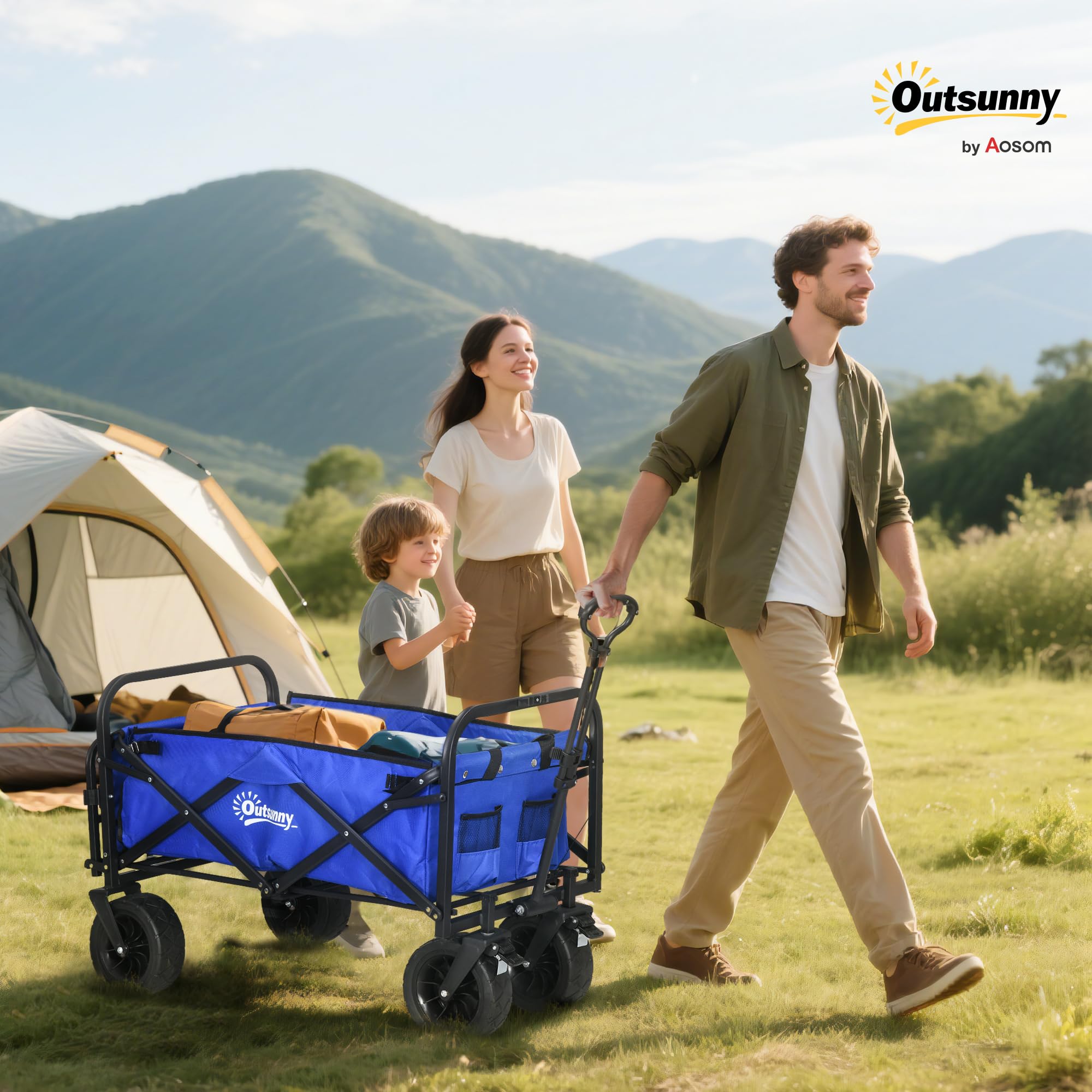 Outsunny Chariot de Jardin et Plage Pliant 100 kg Bleu Foncé | Longueur et angle de poignée réglables, porte arrière, sac de transport, pour shopping