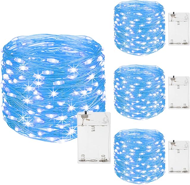 ITICdecor Battery Operated Fairy Lights 4 Pack 16Ft 50LED Battery Powered String Lights Waterproof Indoor Copper Wire Lights for Garden Patio Bedroom Party Halloween Decoration (Blue)