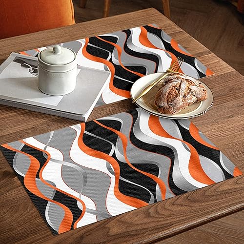 Miniatura 3 de Juego de 4 manteles individuales 3D, naranja, blanco, gris, degradado, líneas, lavables, impermeables, antideslizantes, manteles individuales de PVC