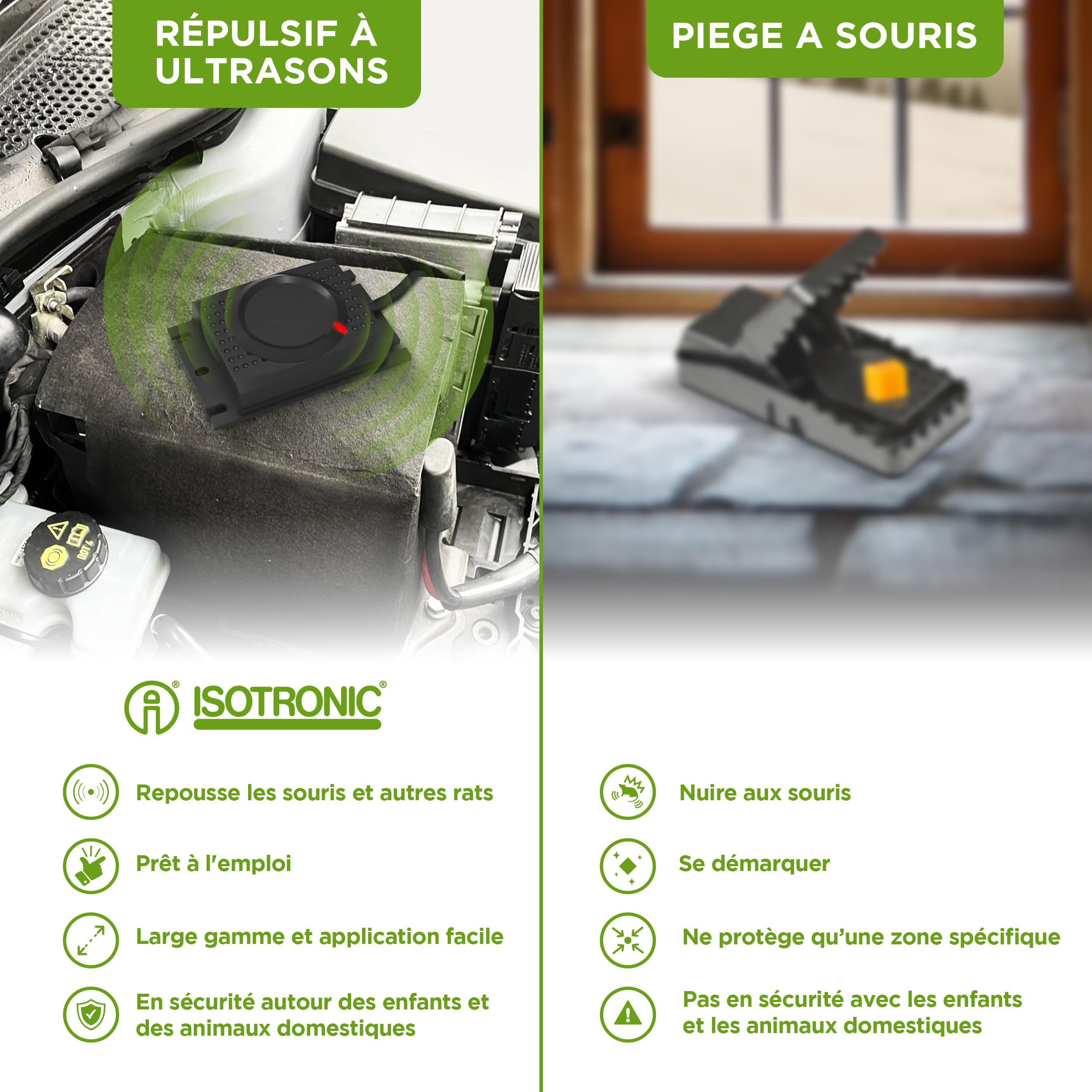 ISOTRONIC Répulsif Contre Les Martres, Souris et Les Rats avec Batterie 12V - Répulsif chassant pour Protection Voiture à Ultrason - Installation Facile et Effet Durable