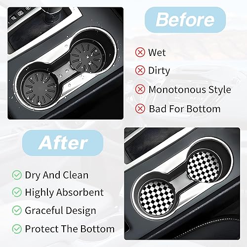 Miniatura 6 de Posavasos a cuadros negros y blancos para portavasos de automóvil, paquete de 2 posavasos de automóvil para automóvil, posavasos absorbentes de