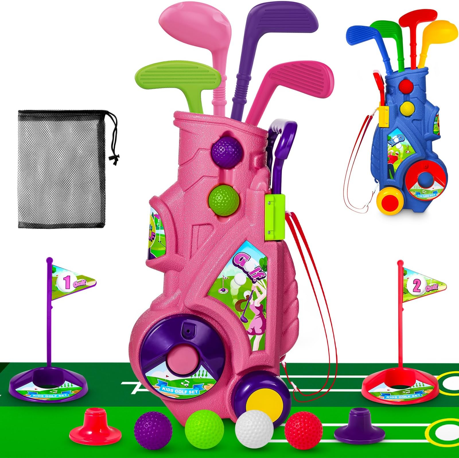 Golf Club Set for Kids, Indoor Outdoor Sports Toys for Girls Boys Ages 2 3 4 5 Year Old, Christmas Birthday Gift Kids 2-5, Toddler Golf Set with 4 Clubs, 8 Balls, 2 Practice Holes, Shoulder Strap