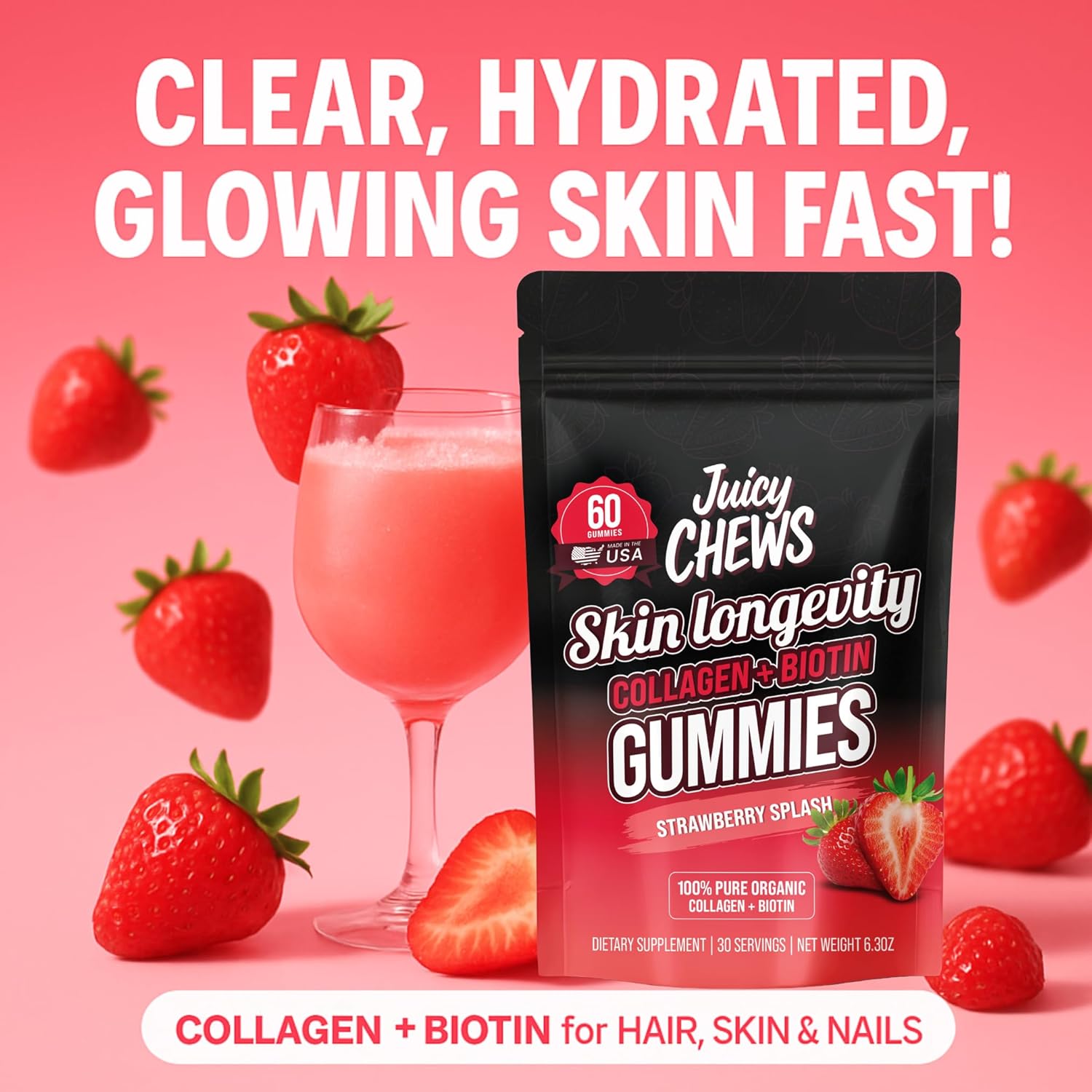 Biotin and Collagen Gummies | Low Sugar Non-GMO Collagen Gummies for Men and Women | All Natural Flavors | 60 Gummies | 30 Servings | Strawberry Flavor