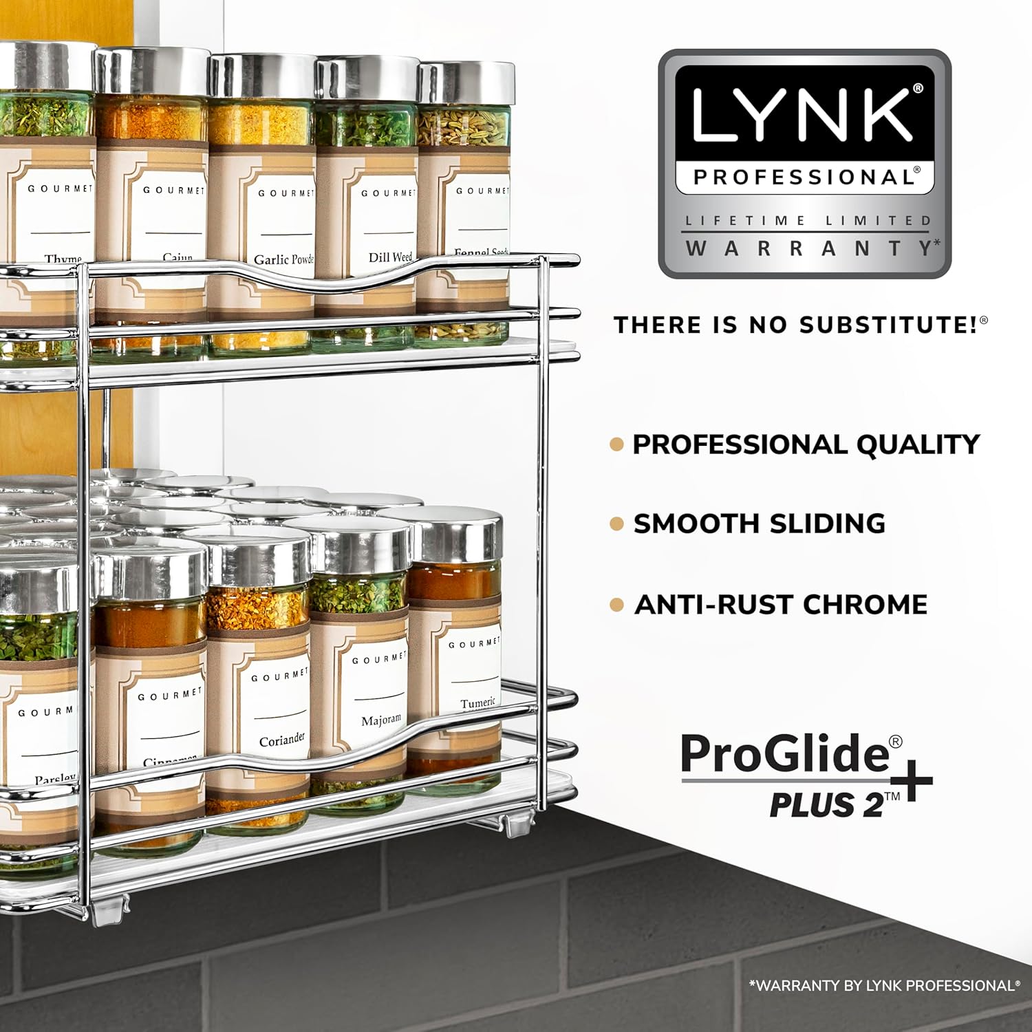 LYNK PROFESSIONAL® Pull Out Spice Rack Organizer for Inside Kitchen Cabinets - 10-3/8 inch Wide - Slide Out Drawer – Chrome Sliding Spice Organization for cabinet - Spice Racks - 2 Tier