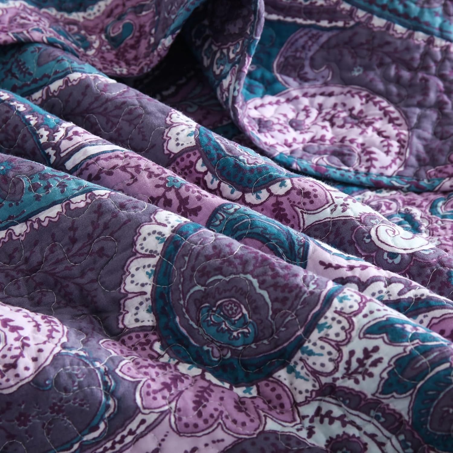 ABREEZE 100% Cotton Paisley Quilt Set King Size 3 Piece Set – Lightweight Bedspread with 2 Shams, Soft & Breathable Floral Coverlet for All-Season Comfort,Purple