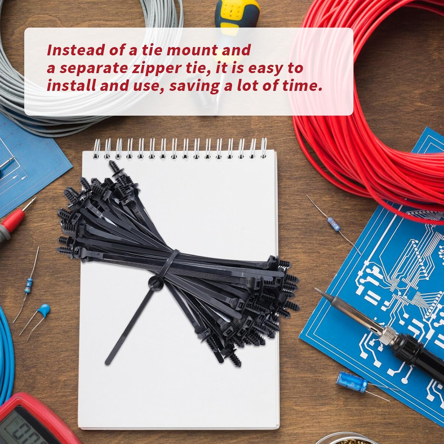 Push Mount Zip Ties 50Pcs, Heavy Duty Black Wire Zips Tie Mounts, 2 in 1 Nylon Self Locking Push Mount Cable Zip Tie for Engine Bay Wire Harness, Indoor Wires Tying (8.3"x0.2")