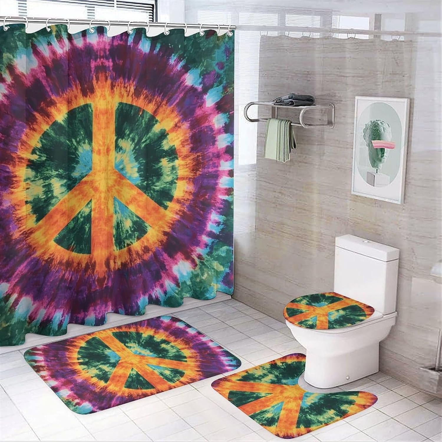Peace Symbol Camouflage Gradient Bathroom Sets with Shower Curtain and Rugs 4 Piece with U-Shaped Floor Mat Toilet Lid Cover