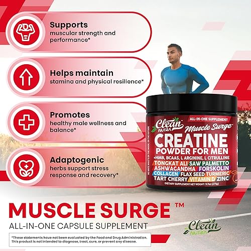 Miniatura 5 de Clean Nutra Creatina en polvo para hombres + HMB BCAA L Arginina L Citrulina Tongkat Ali Saw Palmetto Ashwagandha Colágeno Semilla de Lino Cúrcuma