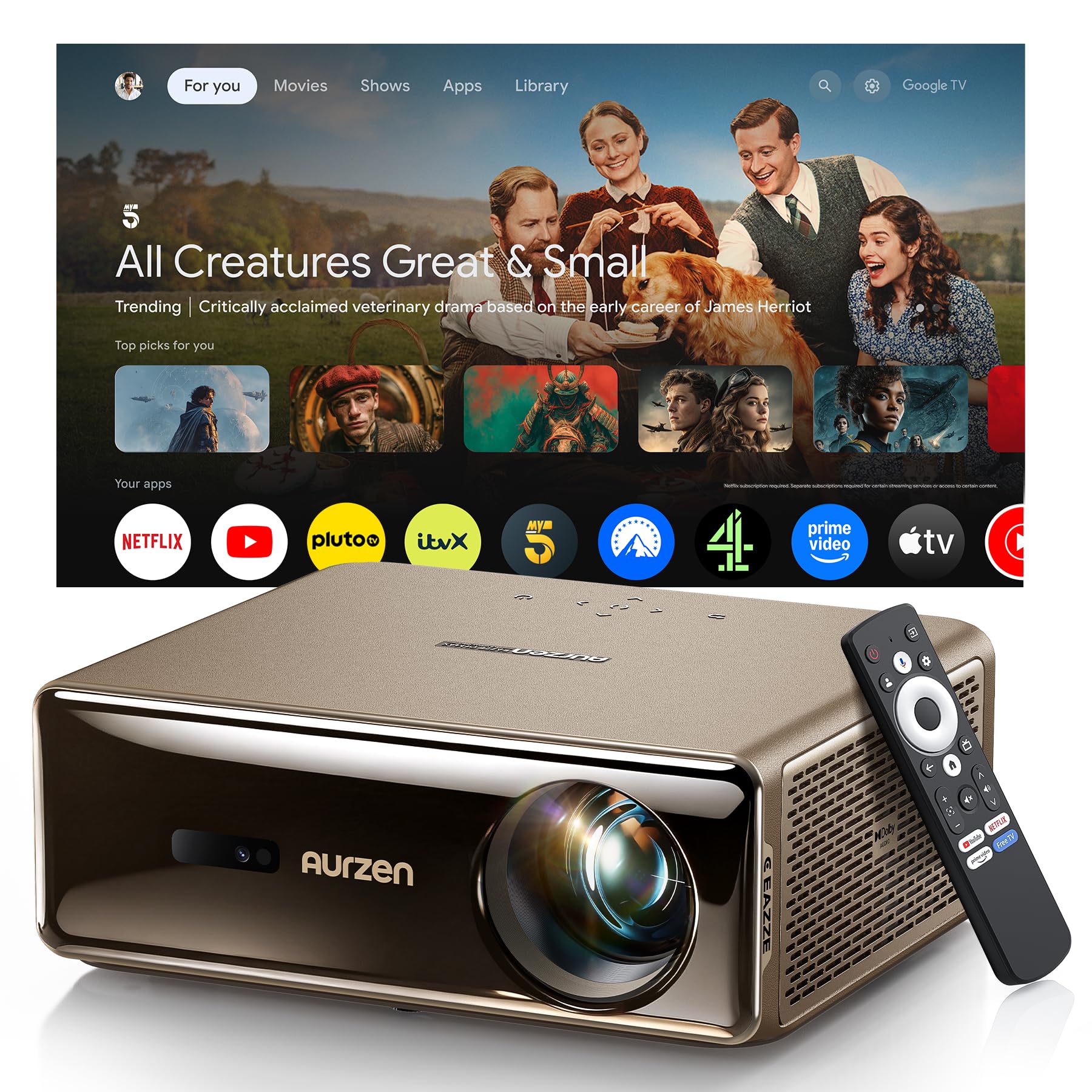 Aurzen Eazze D1 MAX Smart Projector, 1000 Ansi, 4K Supported, Google TV MAX | Native 1080P, HDR10, Memc, auto focus, auto keystone and 20W Dolby Audio for home cinema, sport, gaming and family viewing