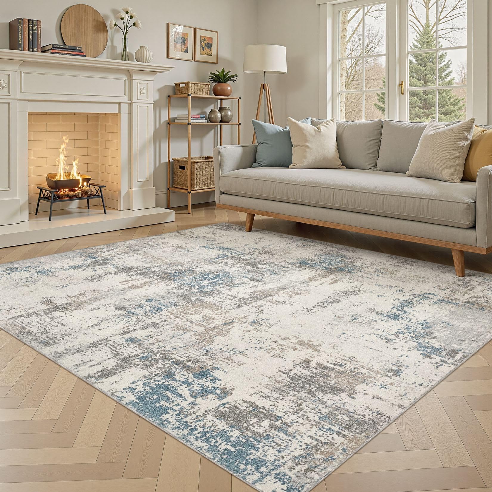 DMOYEST Washable Rugs Living Room 160x230cm - Abstract Neutral Modern Soft Non Slip Low Pile Kid Pet Friendly Large Carpet for Bedroom Dining Home Office - Beige/Blue/Brown โ image 1