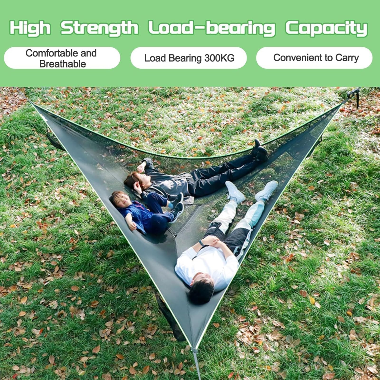 Amaca da campeggio triangolare con cinghie triple e borse in rete, amaca portatile per più persone, capacità 181,4 kg, per viaggi, cortile, all'aperto
