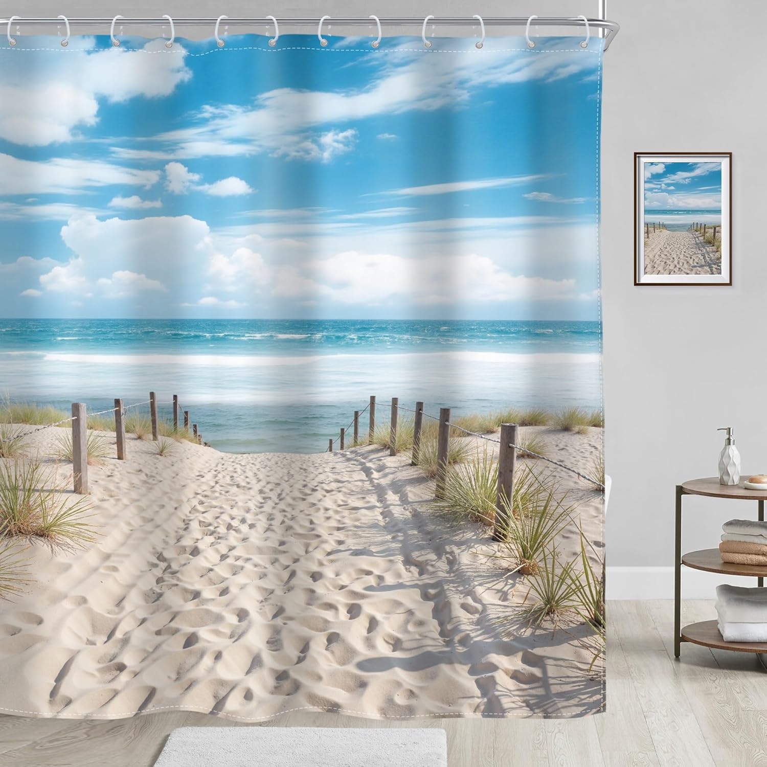 Riyidecor Beach Coastal Ocean Shower Curtain Seaside Seashore Scenery Landscape Nautical Sea Scenic Sand Blue Sky 72Wx72H Inch Summer Peaceful Fabric Decor Bathroom Polyester Waterproof Hooks