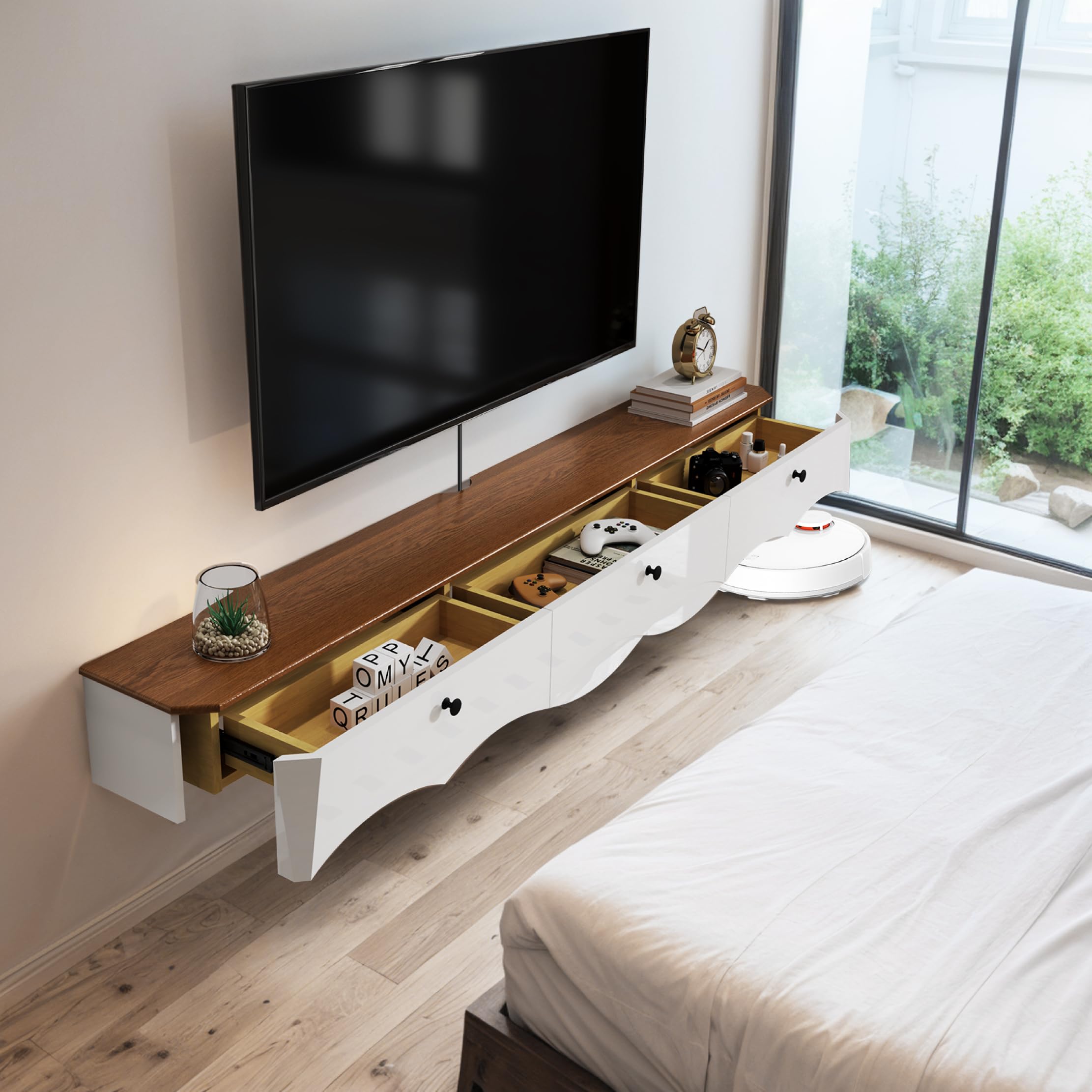 Soporte de TV flotante de alto grosor con 3 cajones, estante de TV montado en la pared de 70 pulgadas, consola de TV flotante, armarios de TV flotantes con cajones, estante debajo de la TV 3