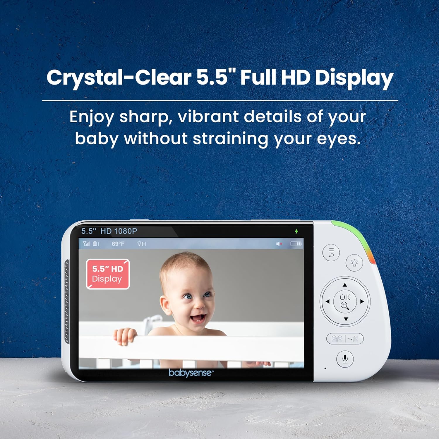 Babysense MaxView PRO parent unit displaying a baby in a crib