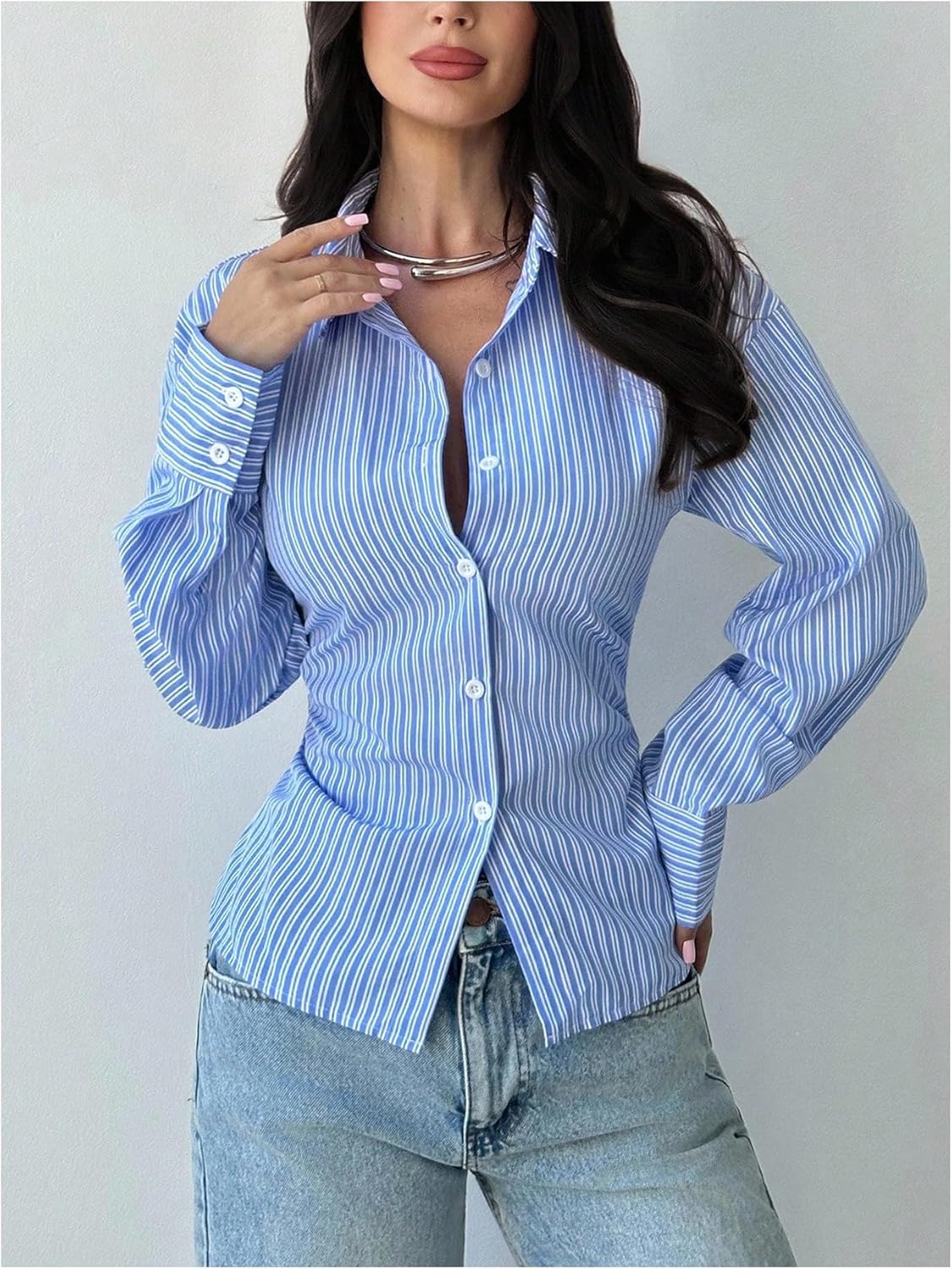 SOLY HUX Women's Striped Button Down Shirt Cinched Waist Top Long Sleeve Collared Lace Up Back Blouse - Image 5