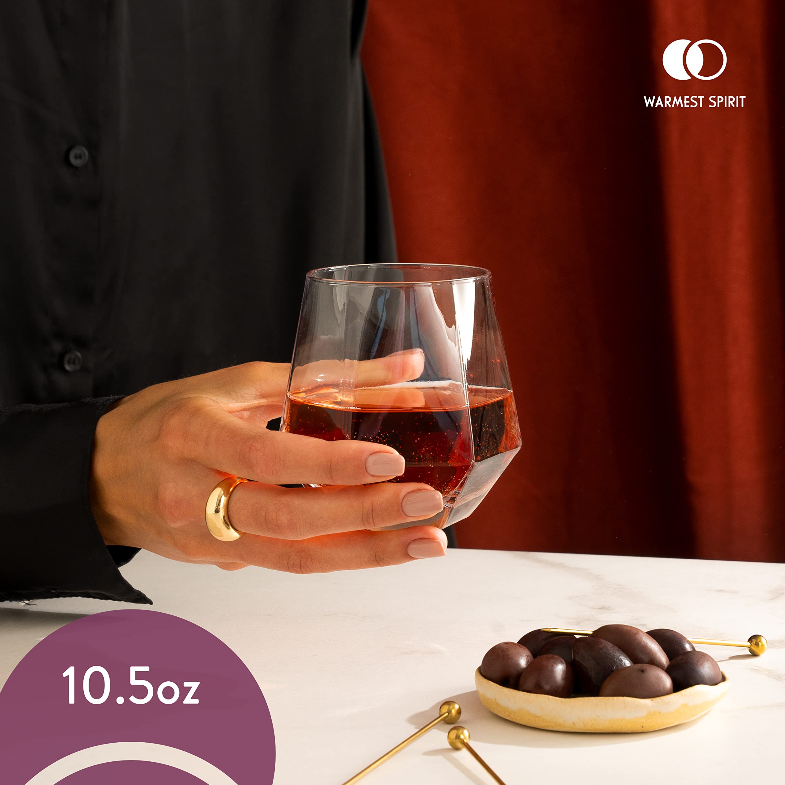 Juego de 6 copas de vino hexagonales sin tallo, elegantes de 10.5 onzas, duraderas, aptas para lavavajillas, diseño a prueba de derrames, perfectas para vino, cócteles, whisky, uso diario, cenas y