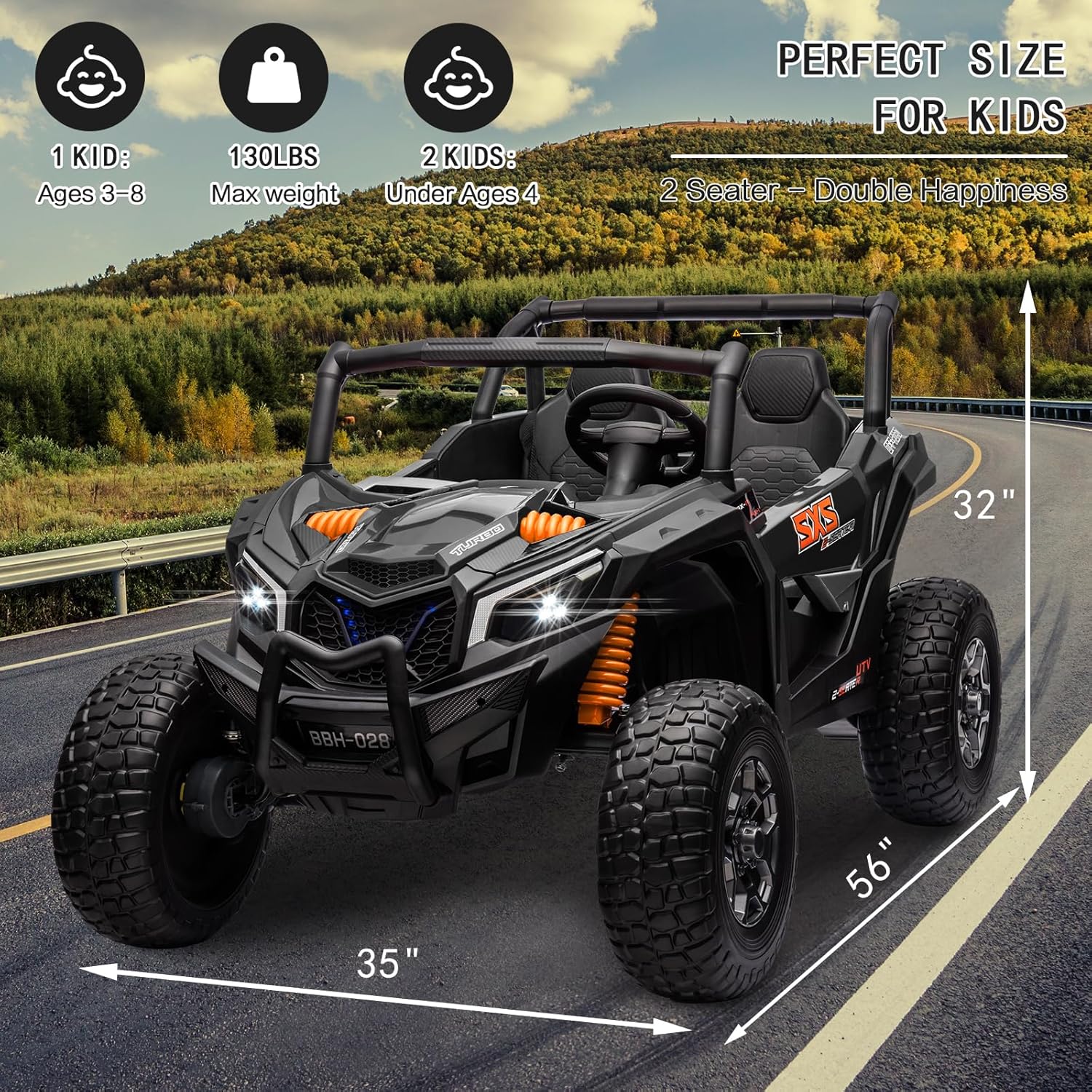 MOLACHI 24V Ride on Toys for Big Kids, 4WD Kid UTV Children Electric Cars with EVA Wheels, 2 Adjustable Seater Kids Remote Control Vehicles, 3 Speeds, LED Lights, 4 Shock Absorbers, Bluetooth-Black