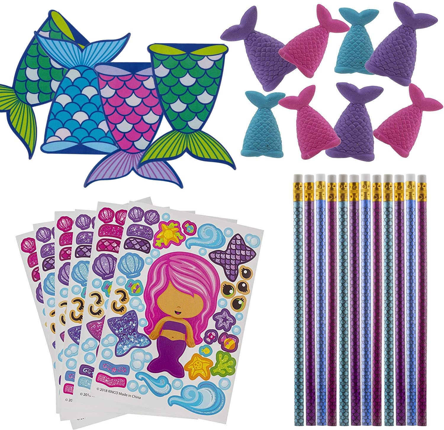 Favonir™ Mermaid Stationary Party Souvenirs Favors 48 Gift Pack – 12 Tail Shaped Erasers – 12 Themed Booklets – 12 Variety Pencils – 12 Colorful Stickers - Kids Birthday Party Supplies Bulk Set - Ideal As Party Favor, Reward Prizes, carnival And Events