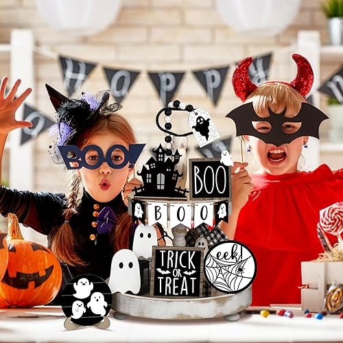 Miniatura 7 de Umigy Juego de 15 piezas de decoración de bandejas escalonadas de Halloween, lindas decoraciones de bandeja de fantasma, letreros de madera de