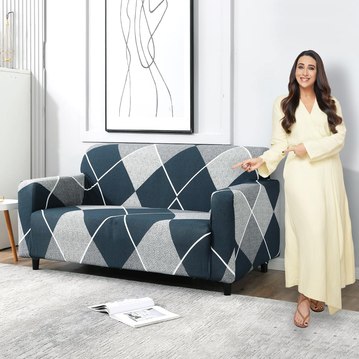 HOKIPO Sofa Cover 2 Seater Fully Covered, Blue Rhombus