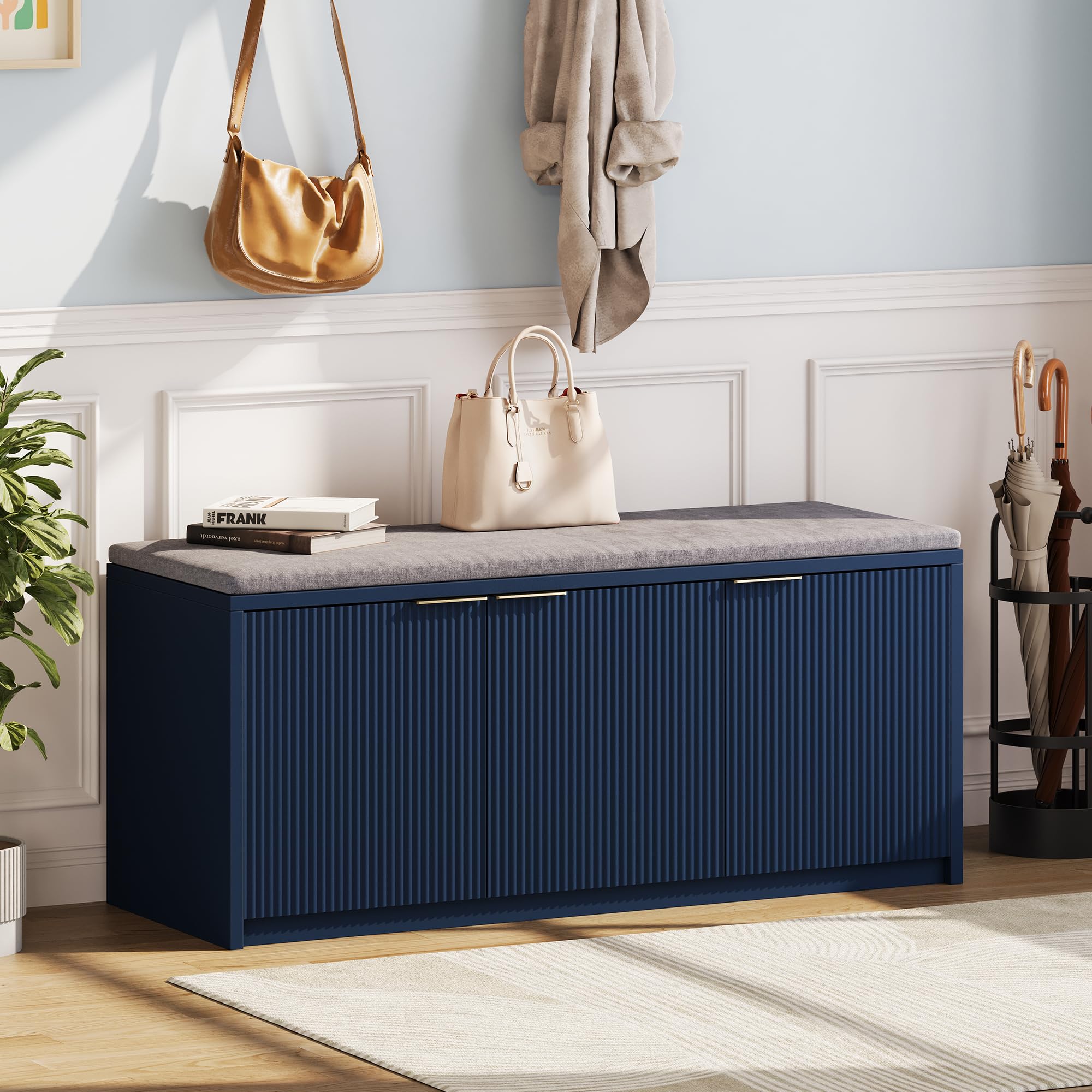 Vividwood 2-Tier Shoe Storage Bench with 3 Doors & Adjustable Shelf, Removable Washable Padded Seat Cushion, 41.3" Entryway Storage Cabinet for Living