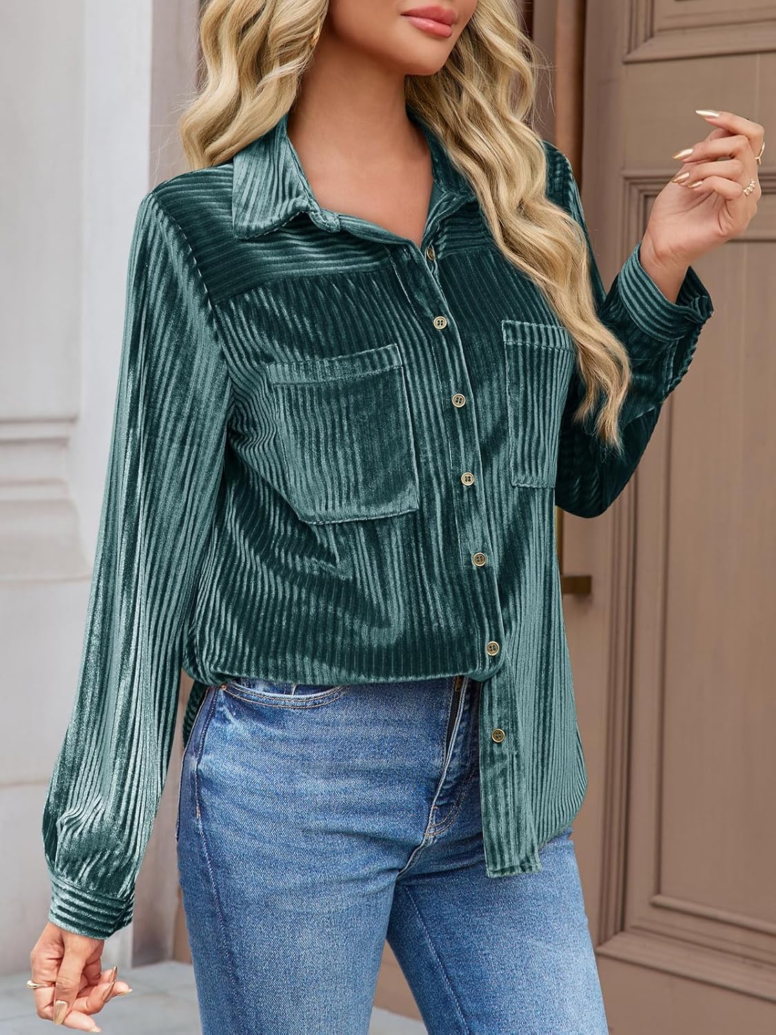 Cicy Bell Womens Velvet Button Down Shirt Casual Long Sleeve V Neck Collared Tops Fall Shacket Jacket with Pockets - Image 4