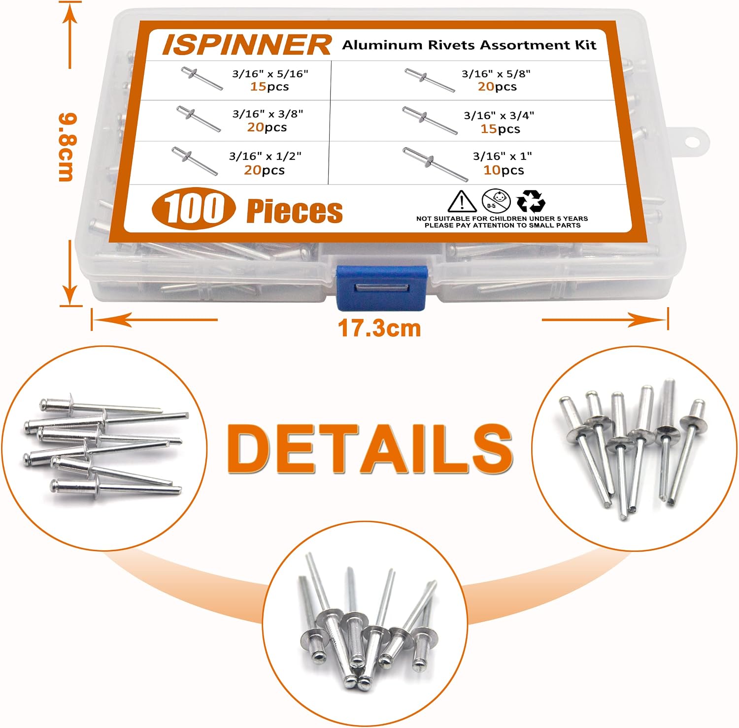 ISPINNER 100pcs 6 Sizes Aluminum Blind Rivets, Pop Rivets Assortment Kit 3/16" x (5/16" 3/8" 1/2" 5/8" 3/4" 1")(Silver)