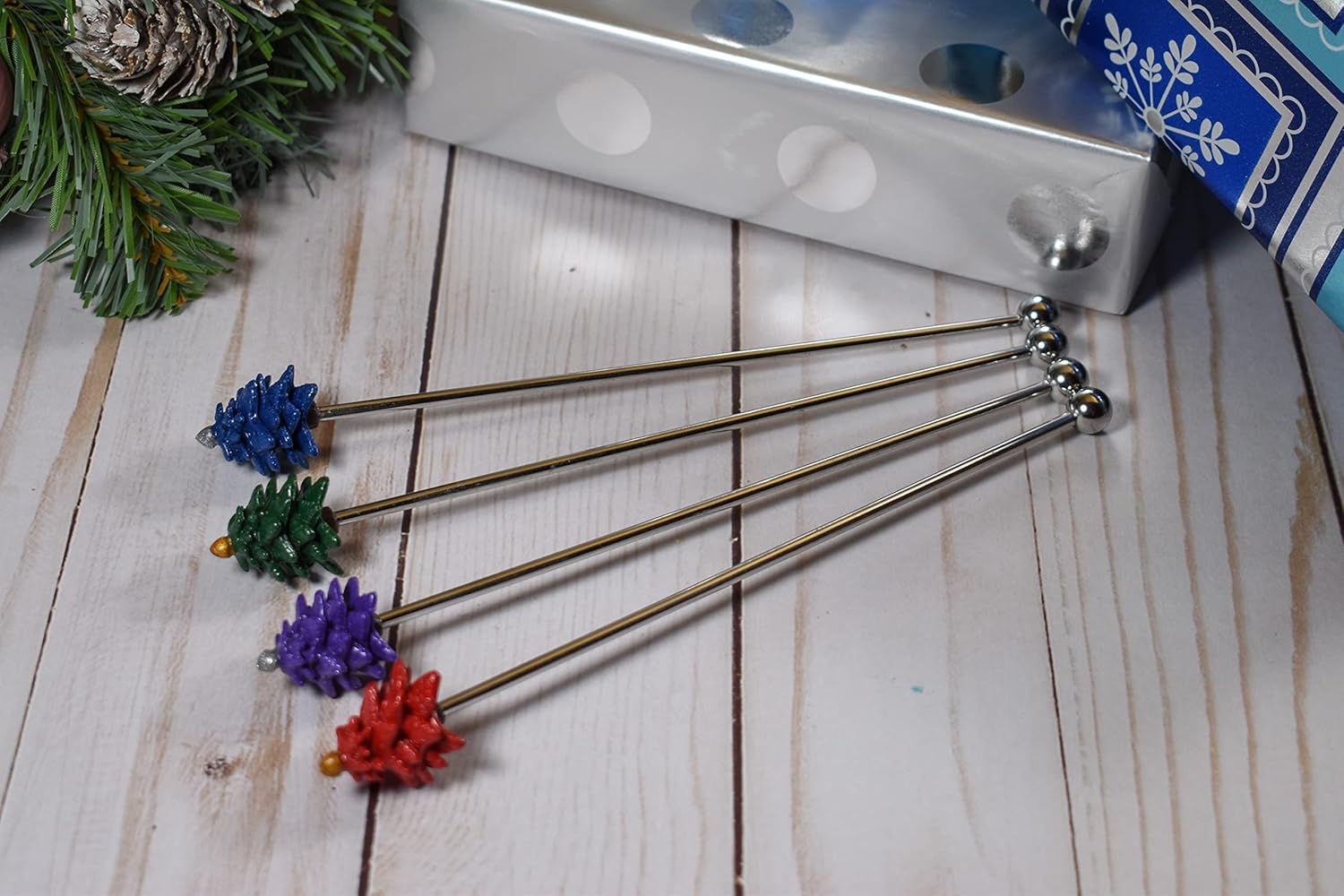 Christmas Tree Stir Sticks, Set of 4, Christmas Swizzle Sticks for Cocktails, Stir For Coffee, Home Bar Needs