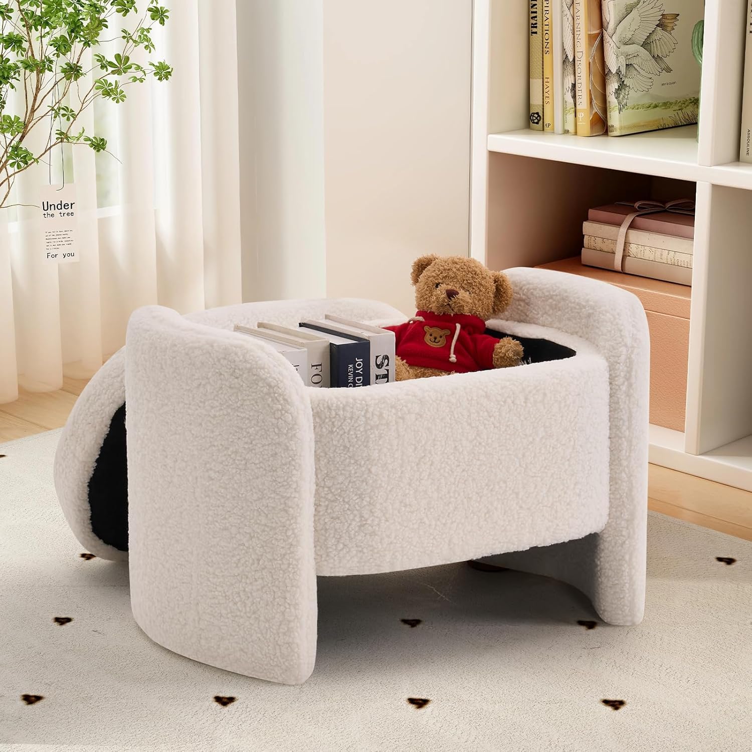 27 Inch Teddy Fabric Oval Storage Ottoman, Upholstered Foot Stools Ottoman with Storage, Vanity Stool, Modern Multifunctional Chair for Makeup Room, Bedroom, Living Room (Beige)