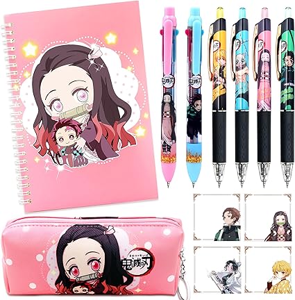 Anime Demon Merch Gifts -Kawaii Anime Stuff Cartoon Stationery Set School Supplies for Girls-Including Spiral Notebook Gel Pen Multicolor Pen Sticky Note...
