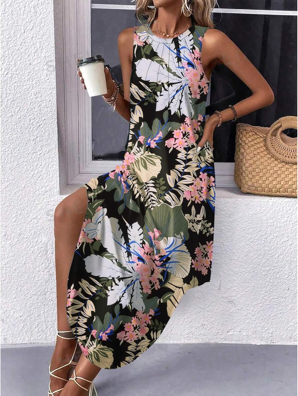 Zeagoo Women Floral Summer Casual Beach Printed Tank Dress with Pockets Pleated Front Long Dress - Image 3