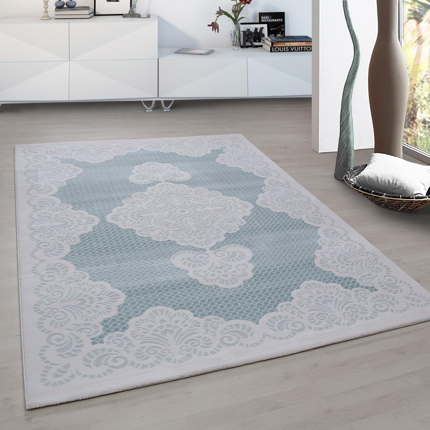 Modern European-oriental rug, Aegea, Acrylic, Turquoise Palace Flowers, 160 x 230 cm