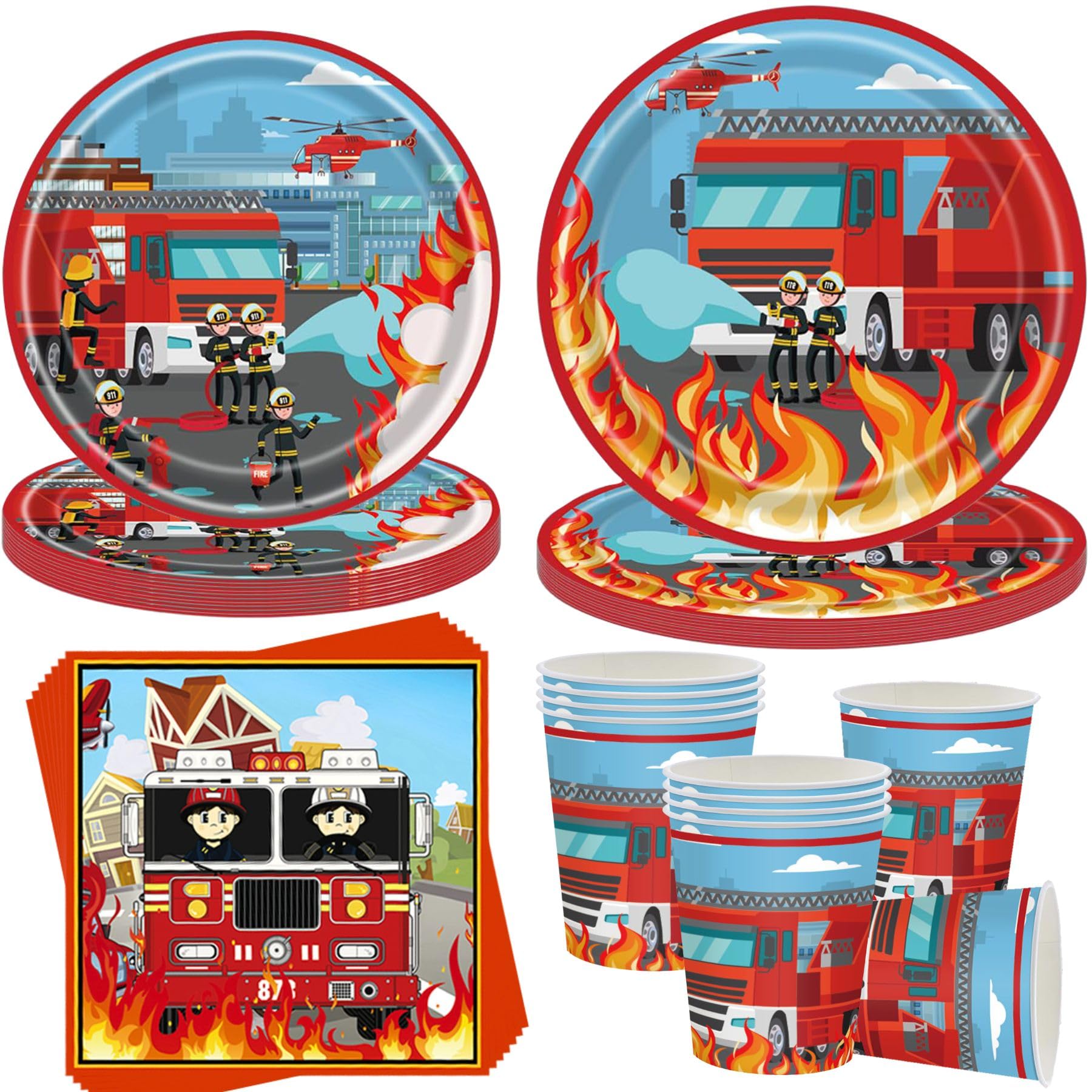 OMZSXK 50 Stück Feuerwehrauto Partygeschirr für 10 Gäste,Feuerwehrauto Partyteller Geburtstag Geschirr,Feuerwehrmann Pappteller Becher Servietten für Kindergeburtstag Deko